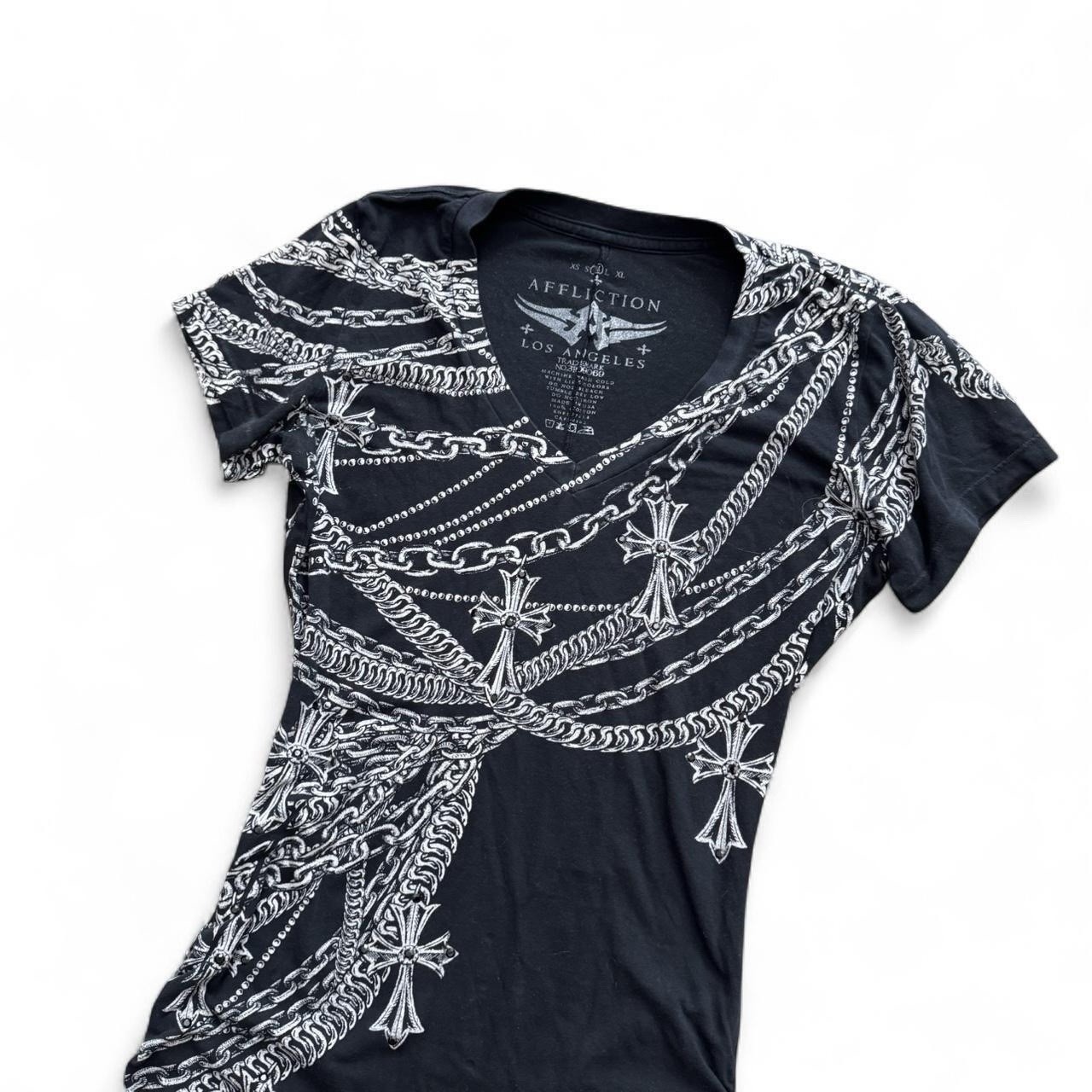 Affliction Y2K grunge goth black mini ruched Cross Chain Print dress