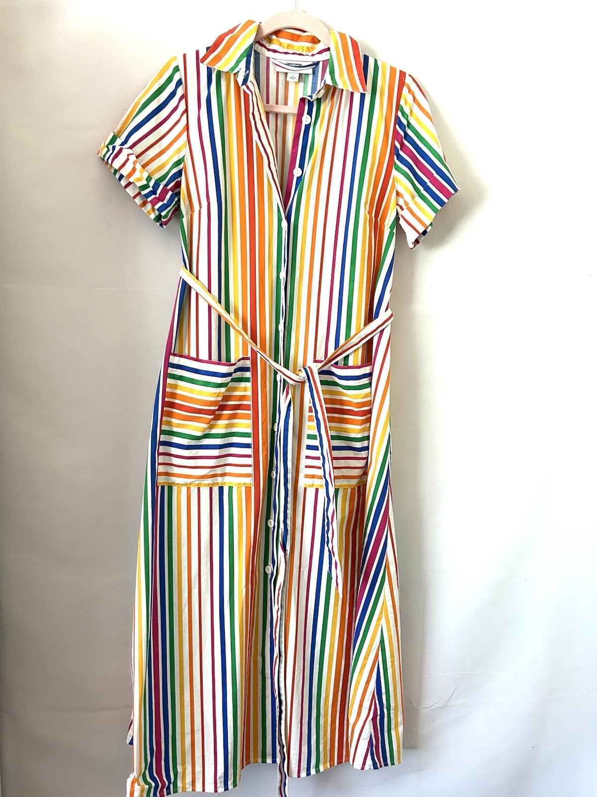 Christopher John Rogers Rainbow Shirt Dress Stripe Belted Size 0