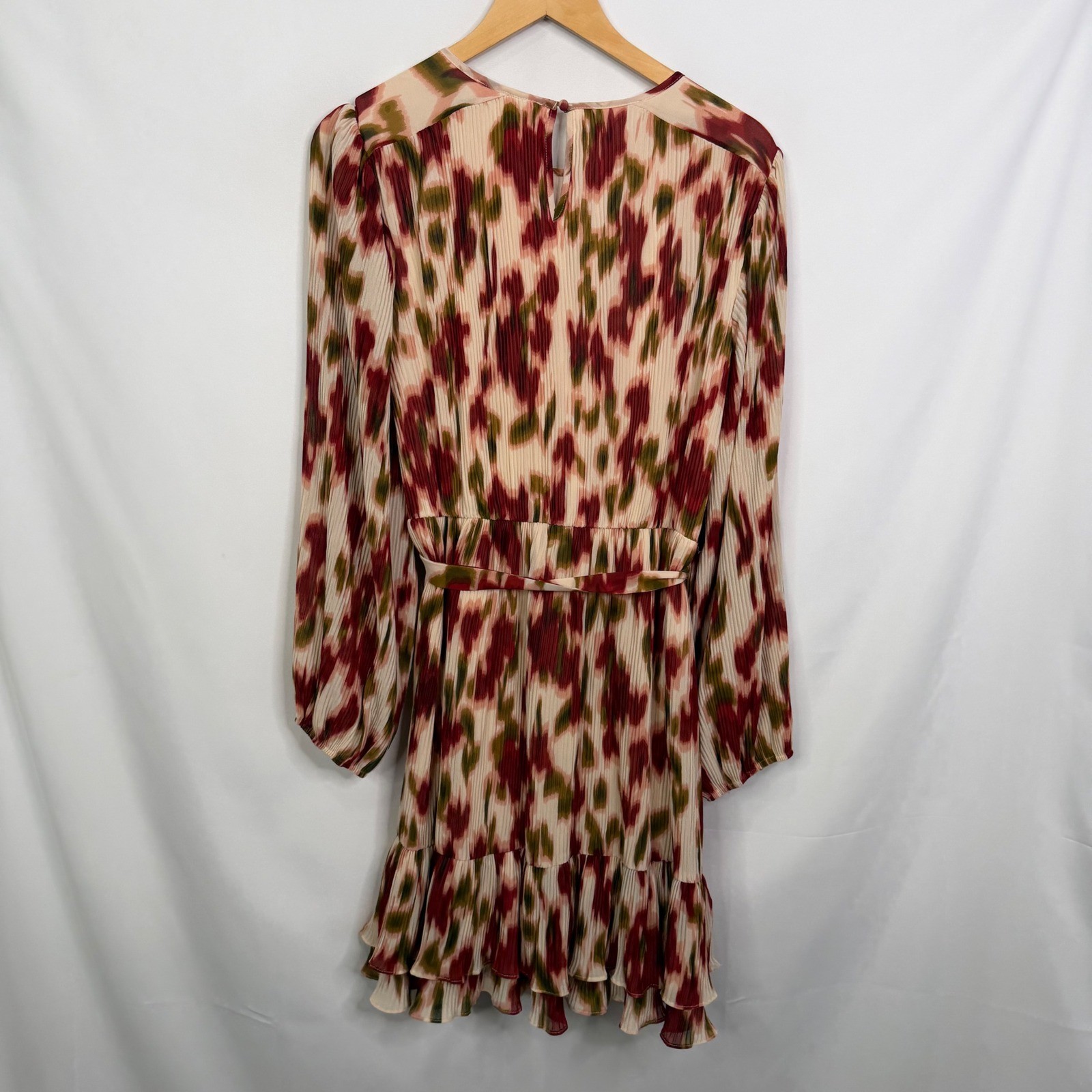 Les Serein Sofia Red Abstract Plisse Long Sleeve Mini Dress Large NWT