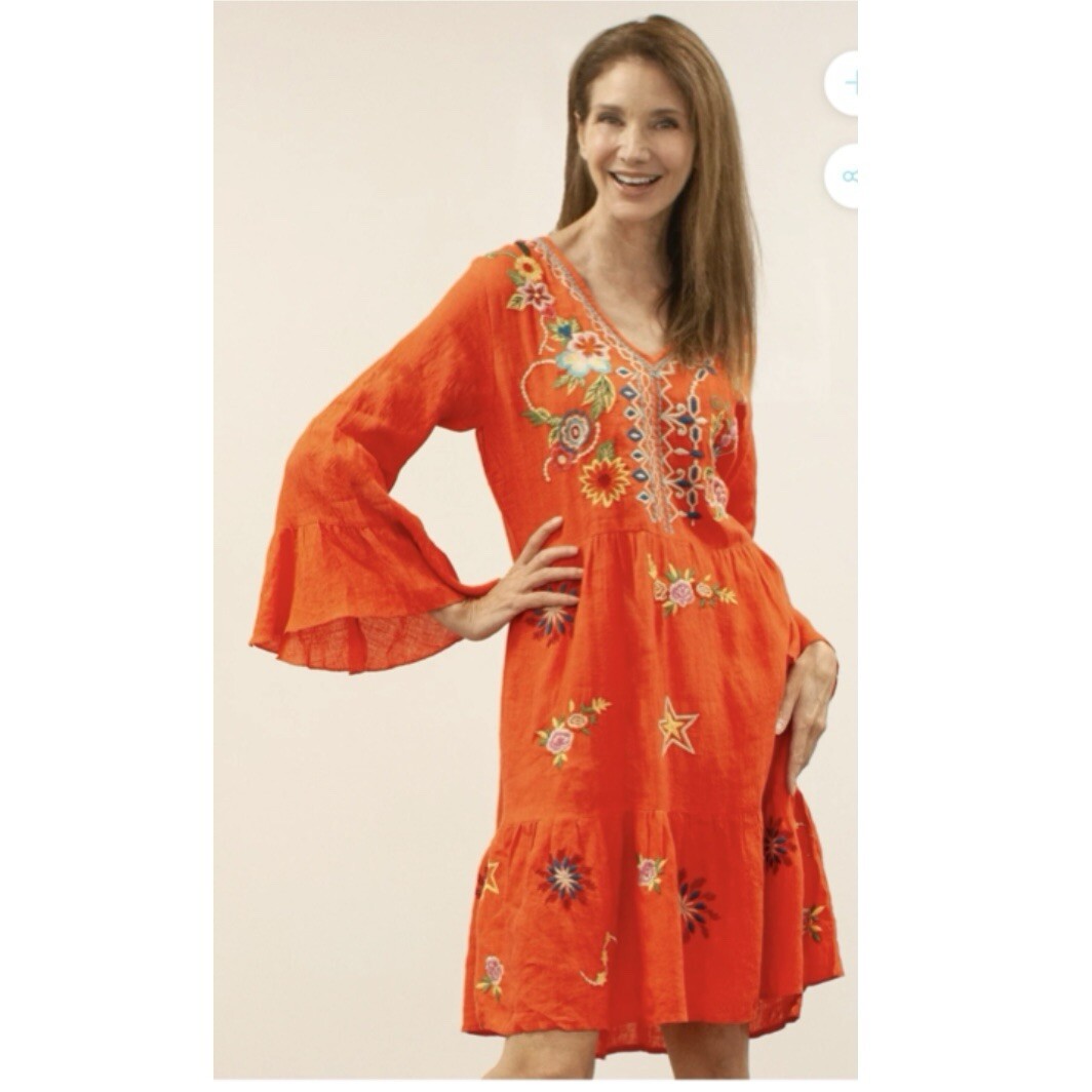 Kyla Seo Carter Dress Anthropologie Linen Embroidered Spicy Orange Tiered Boho S