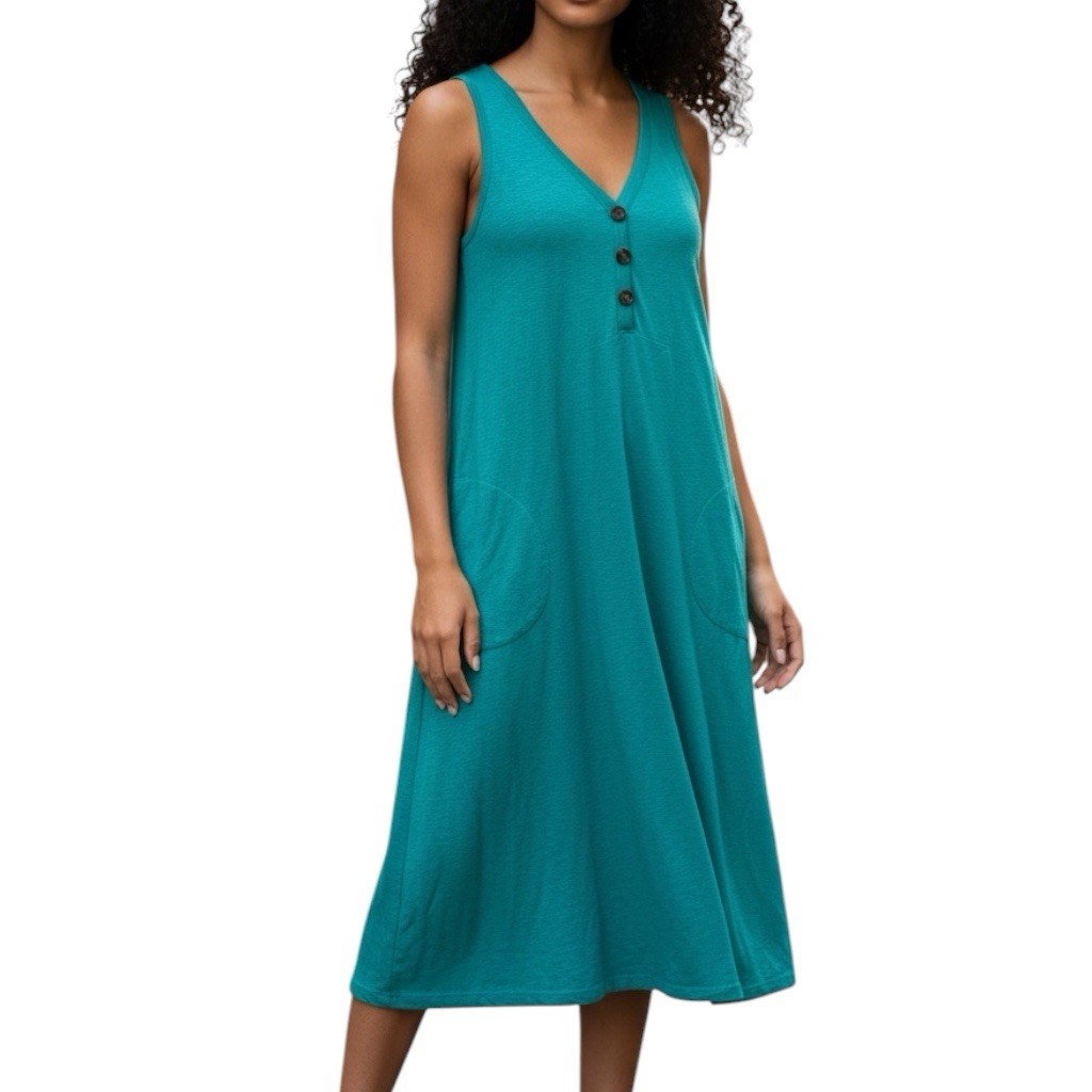 J. Jill Teal V-Neck Sleeveless Button Detail Midi Dress Pockets S