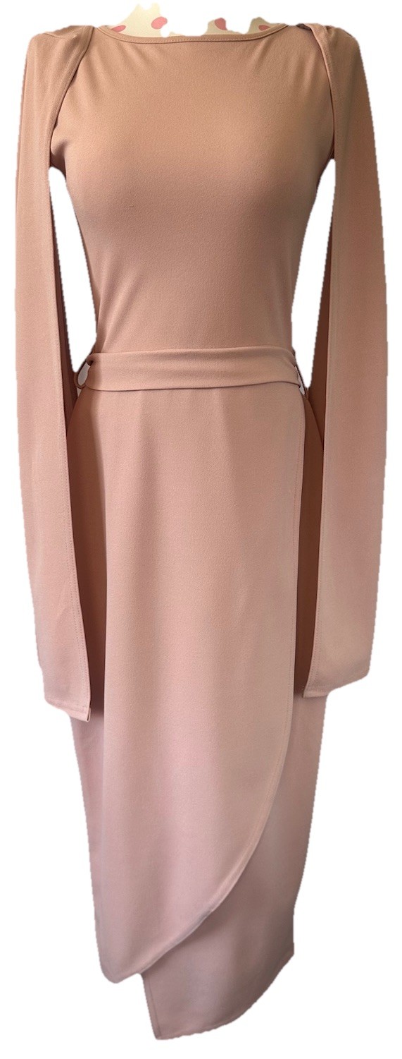 PrettyLittleThing Dusty Pink Crepe Wrap Midi Dress Cape Sleeve Belted US 4 NWT