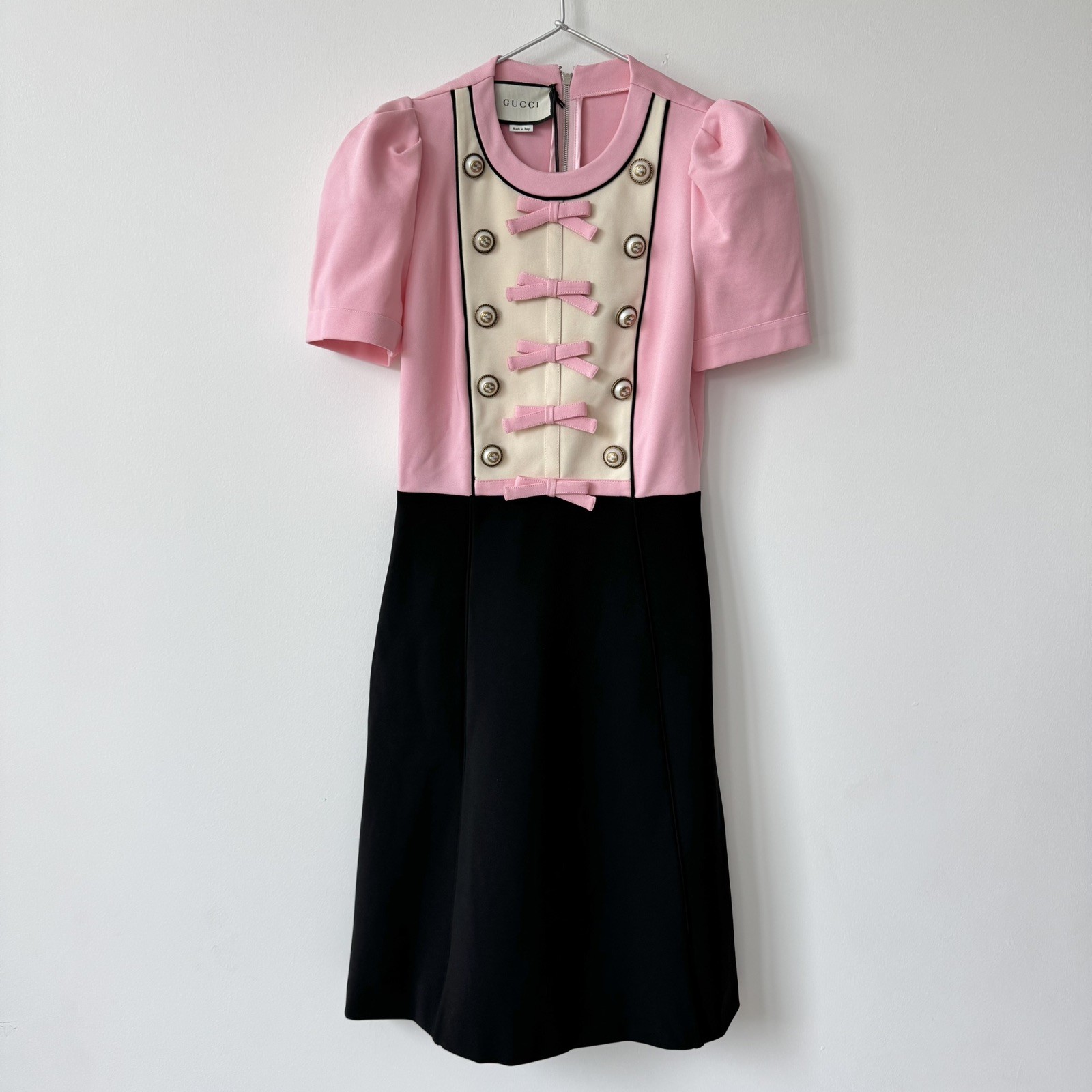 Gucci Pink, Cream, & Black Trim Knit Dress with Bow And Button Details – Small