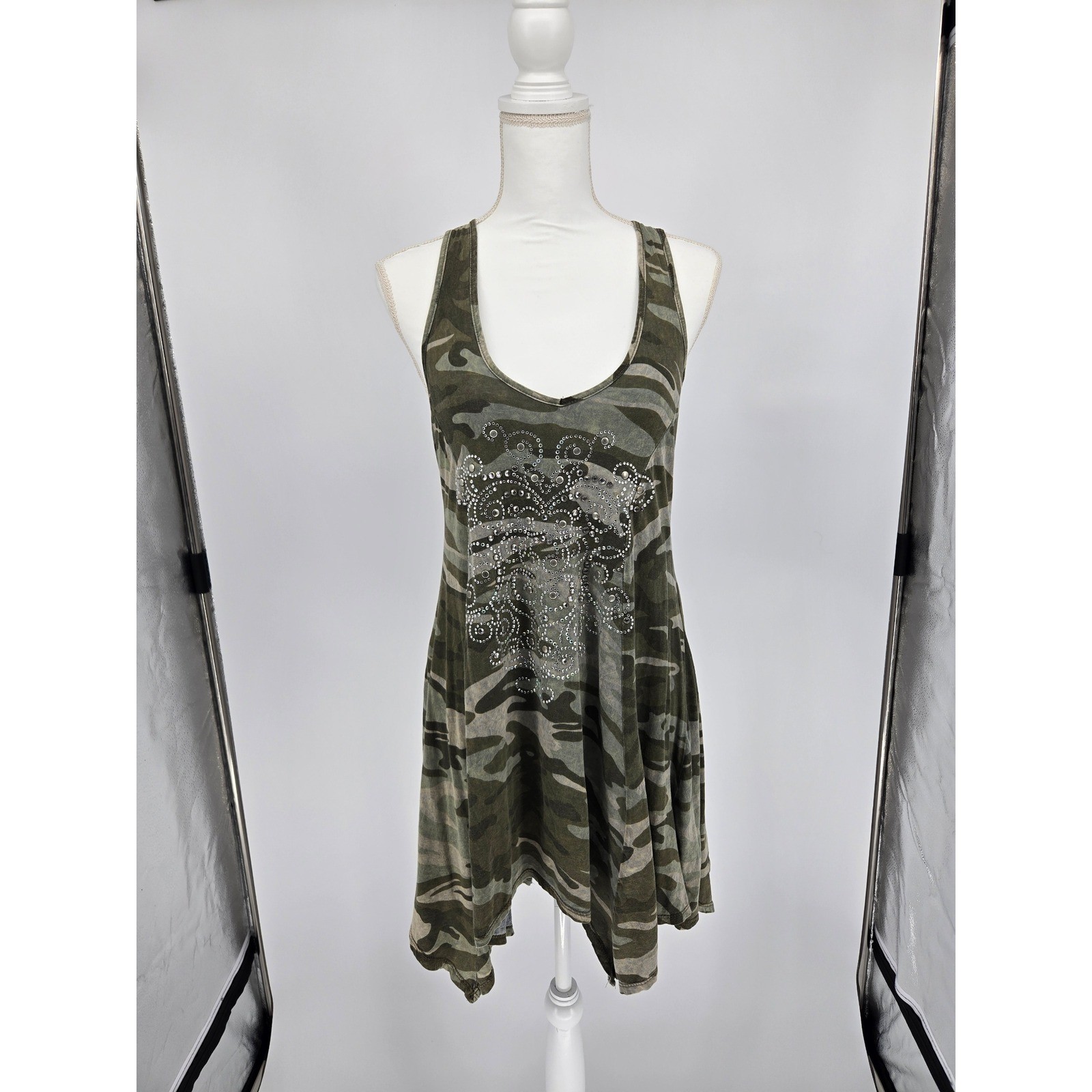 Otomix Womens Camo Rhinestone Handkerchief Hem Racerback Tank Dress Green Size M