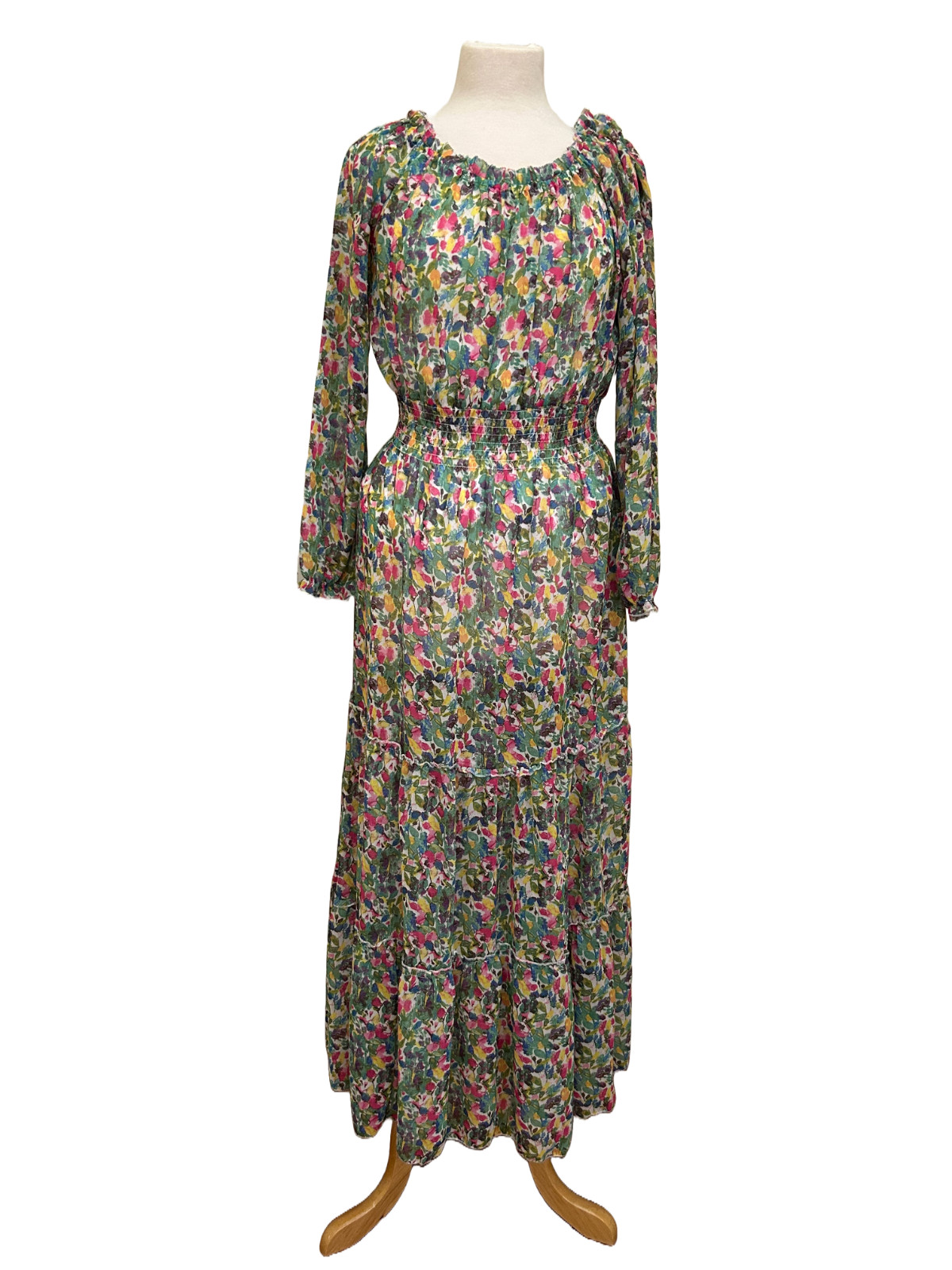 Falling Flower Floral Tiered Maxi Dress M NWT Smocked Waist Lined Long Sleeve