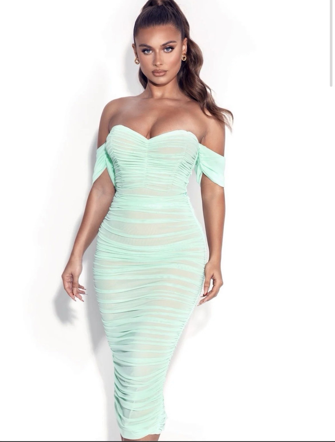 Womens Mint Green Off Shoulder Ruched Mesh Bodycon Midi Dress Size S Zip Closure