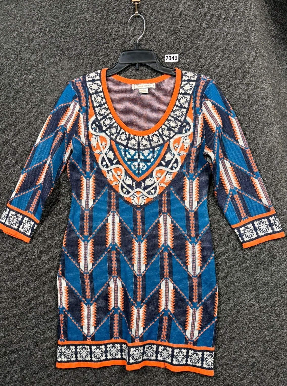 Flying Tomato Aztec Print Sweater Dress Womens Size L Blue Orange 3/4 Sleeve