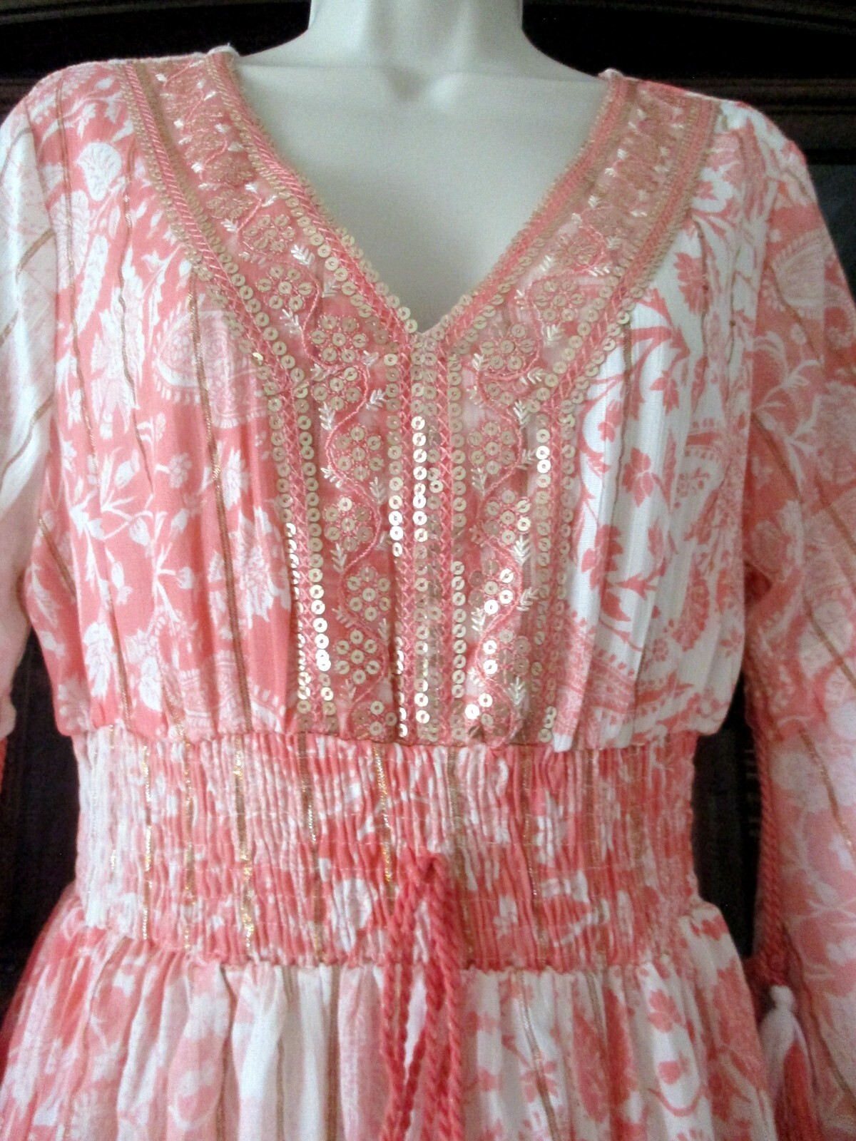NWT ME 2 MAGIC Sequin Tassels Gold Stripe Bohemian Maxi Tiered Dress S M L XL