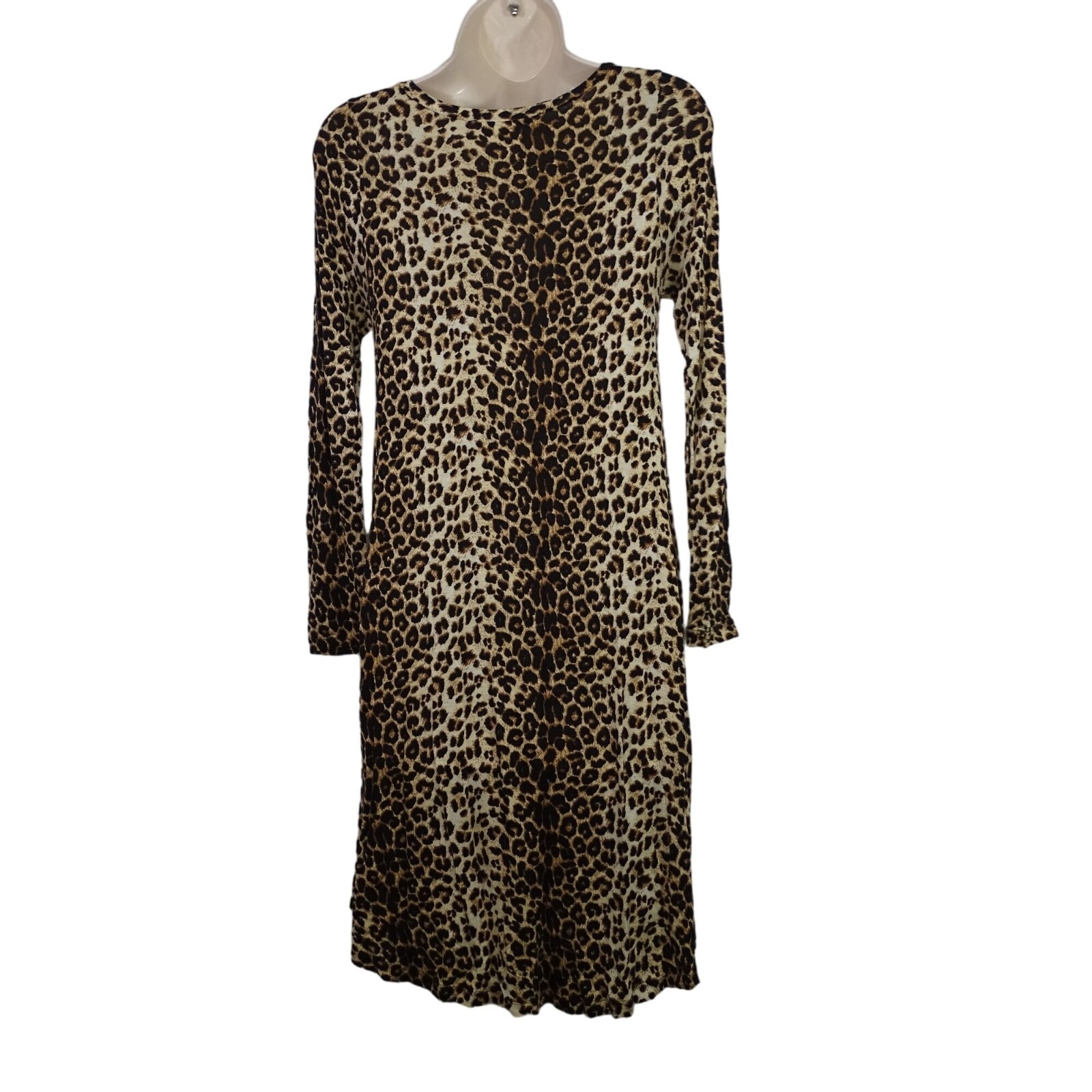 Cherish Leopard Animal Print Long Sleeve A-line Dress Women Size S Brown Tan
