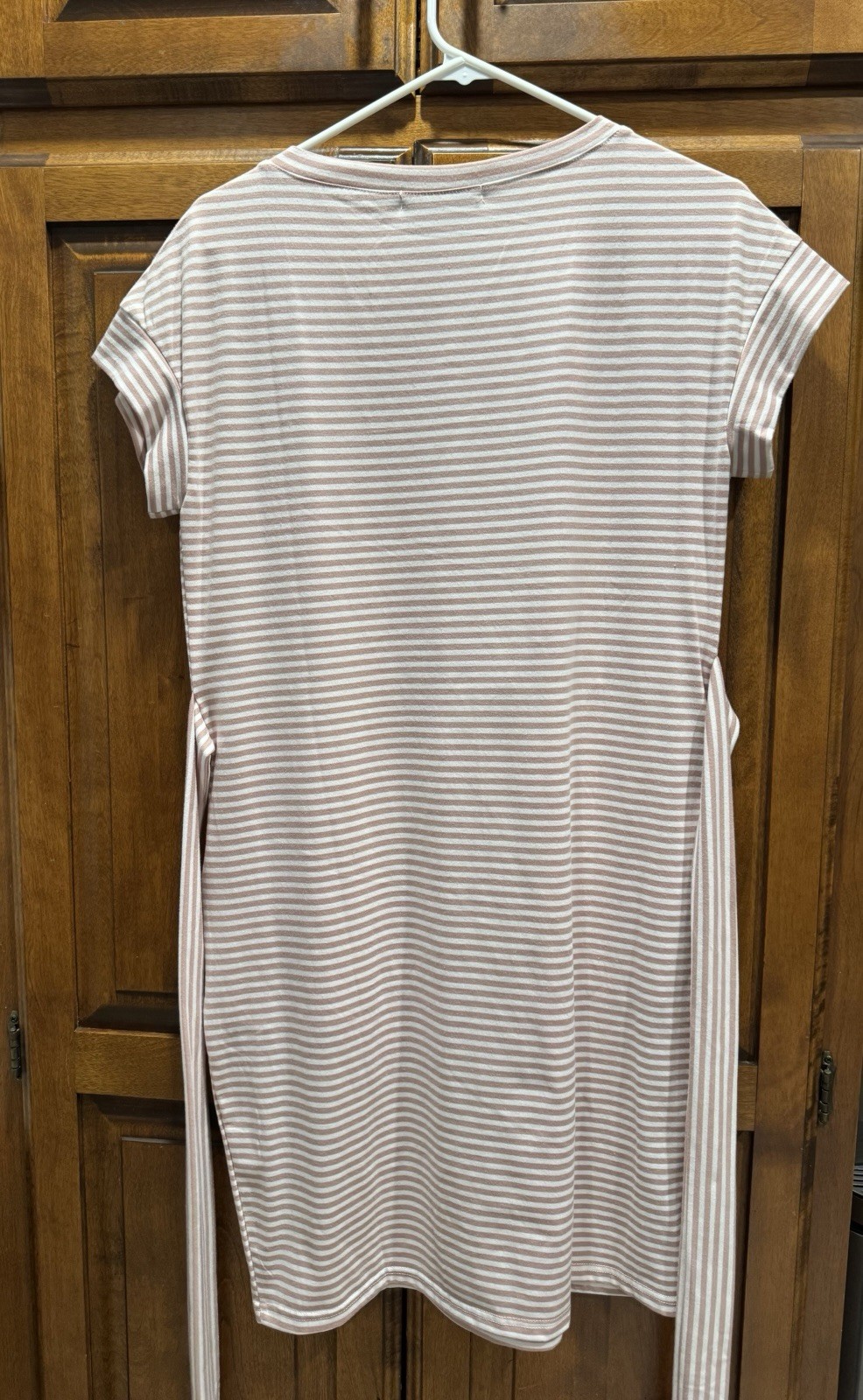 Women’s New Medium Merokeety Dress Pink & White tie Stripe Short sleeve, pockets