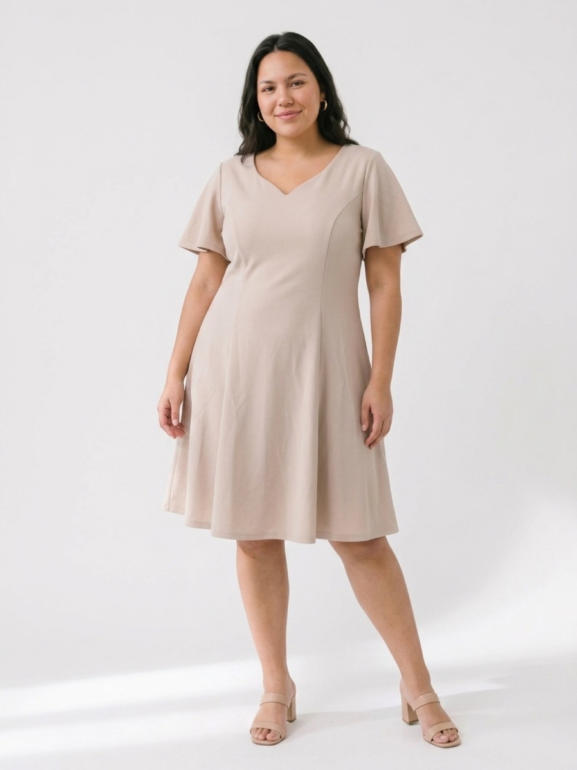 H.R. Homrain Dress Women’s 3XL Knee Length Short Sleeve A-Line Beige Fit Flare
