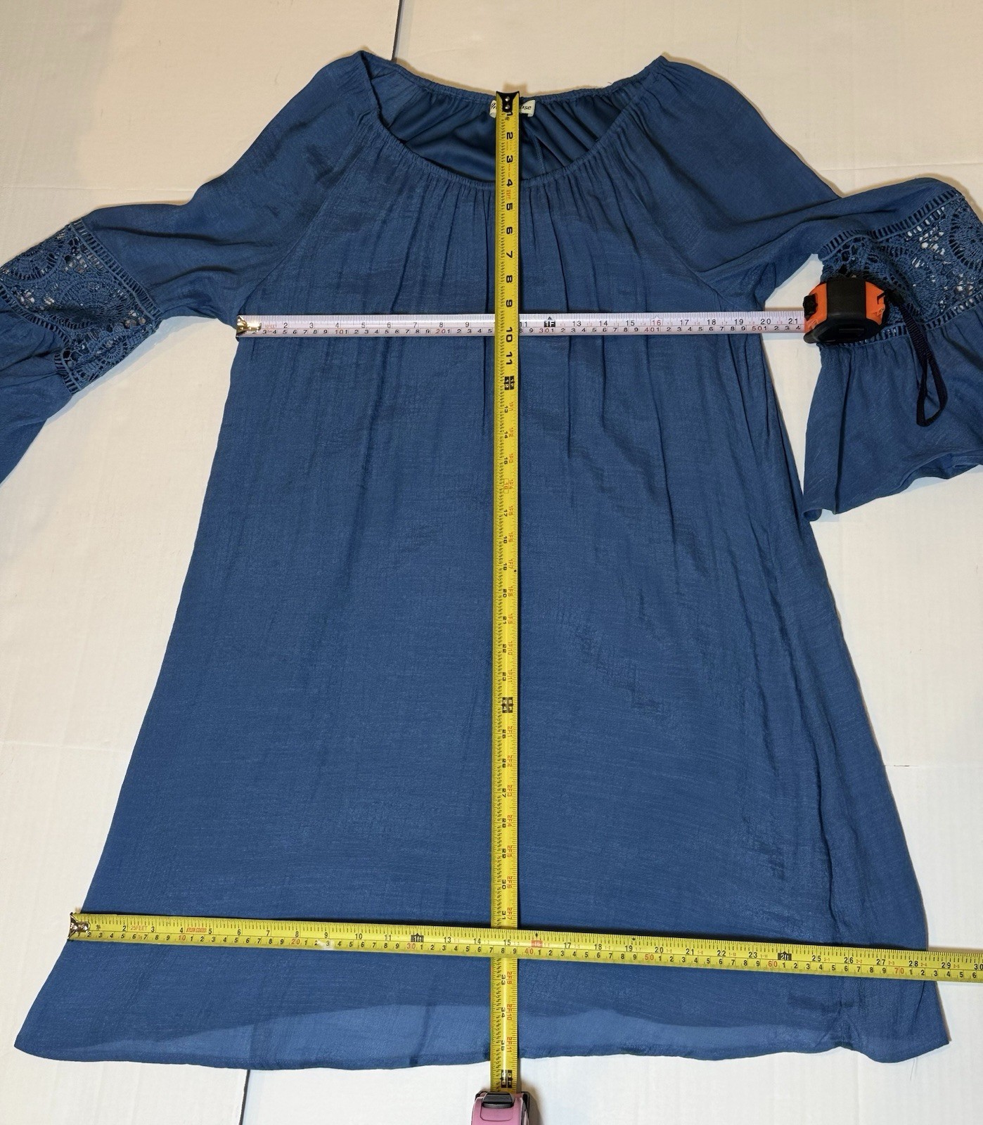 Indigo Rose 2X Blue Boho Peasant Tunic Dress Crochet Bell Sleeve Lined Flowy