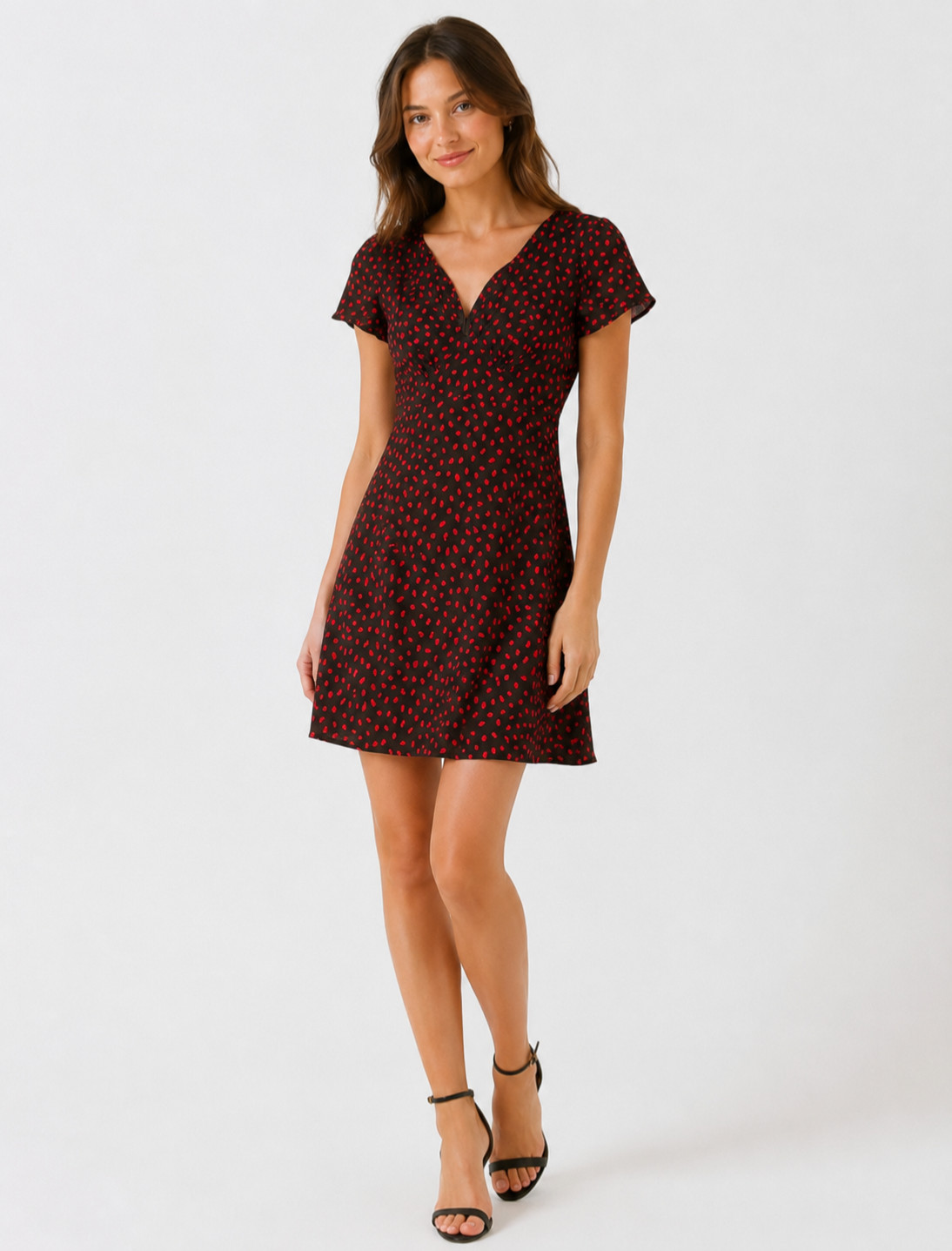 Motel Rocks Black Red Abstract Dot Viscose Mini Dress V-Neck Size S Short Sleeve