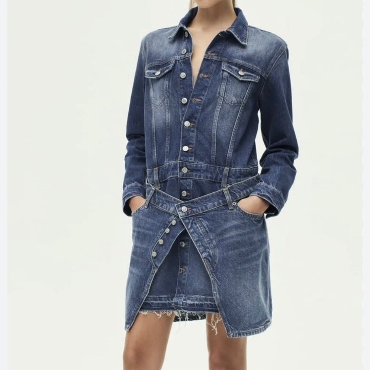 ZARA Denim Jumpsuit Dress Blue Button Up Collared Long Sleeve Size S