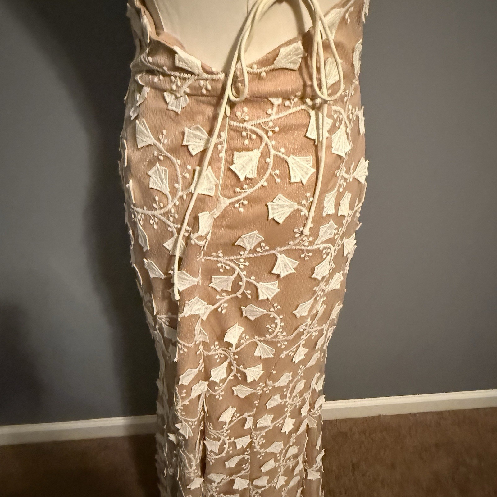 Jarlo Embroidered Mesh Maxi Dress 12 Petite Floral Aplique Nude Illusion Formal