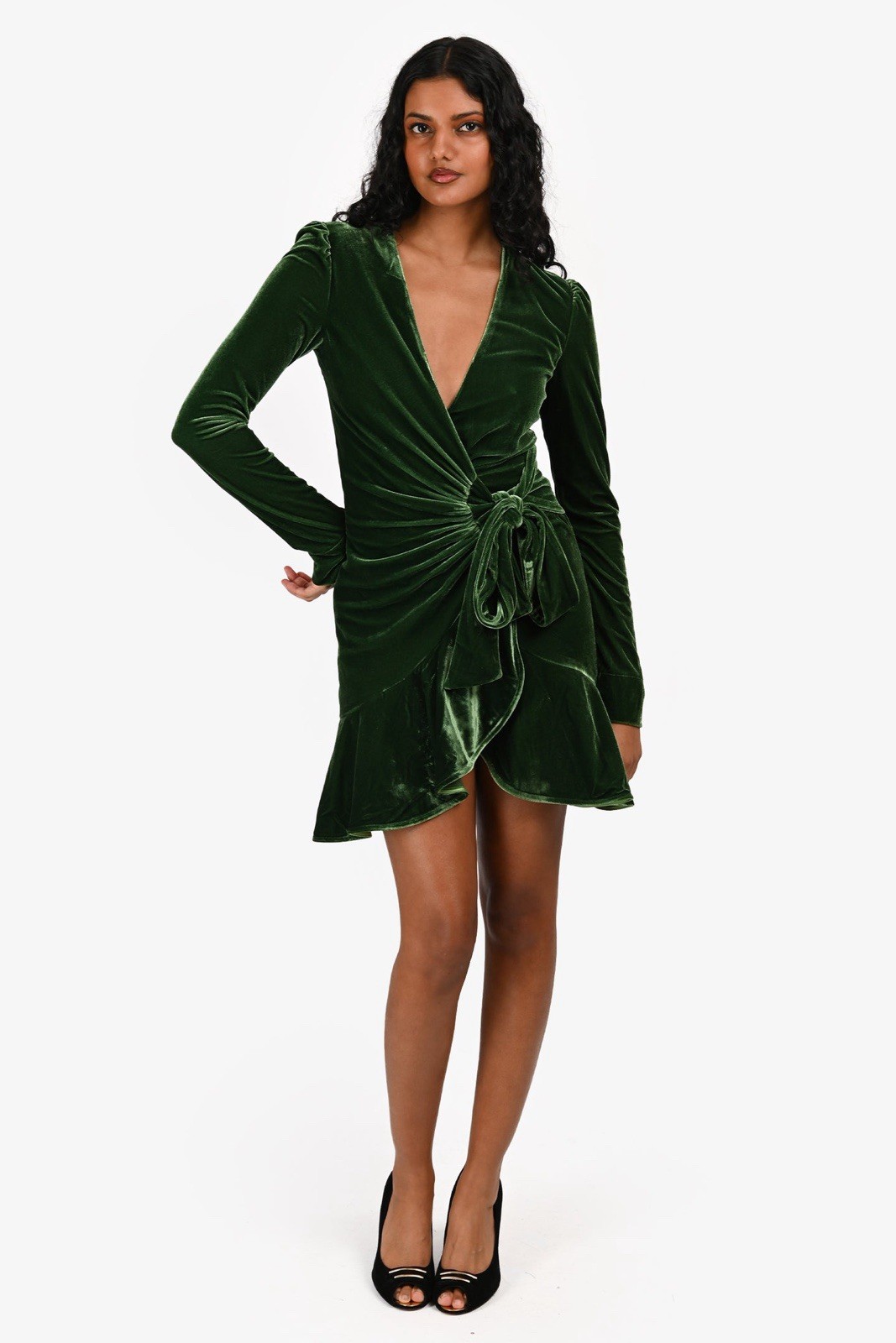 NWT Bardot Keala Velour Wrap Mini Dress Green XS US 2 Long Sleeve Cocktail $139