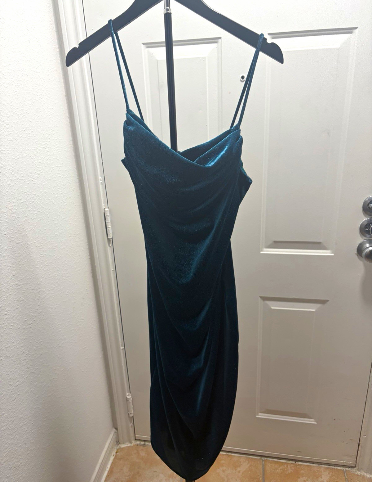 January 7 Blue Velvet Bodycon Midi Dress Cowl Neck Strappy Sleeveless L