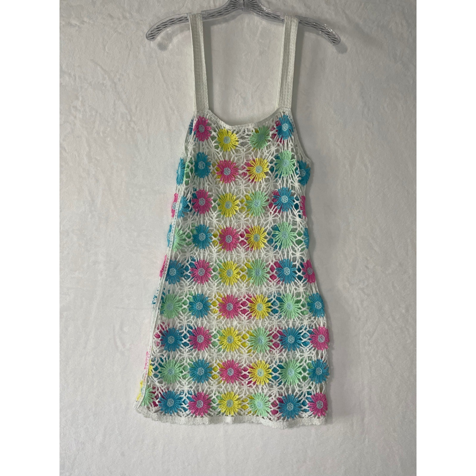 White Colorful Crochet Floral Daisy Mini Dress Sz Med Swim Coverup Boho Festival