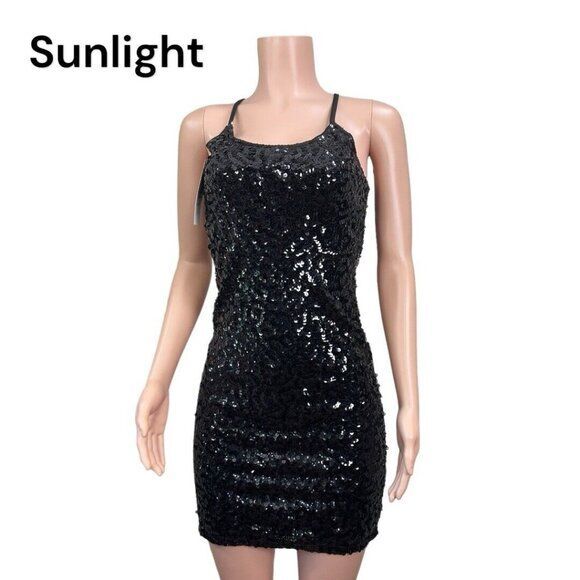 Fashion Women SZ S Black Sequin Mini Bodycon Dress Adjustable Spaghetti Straps