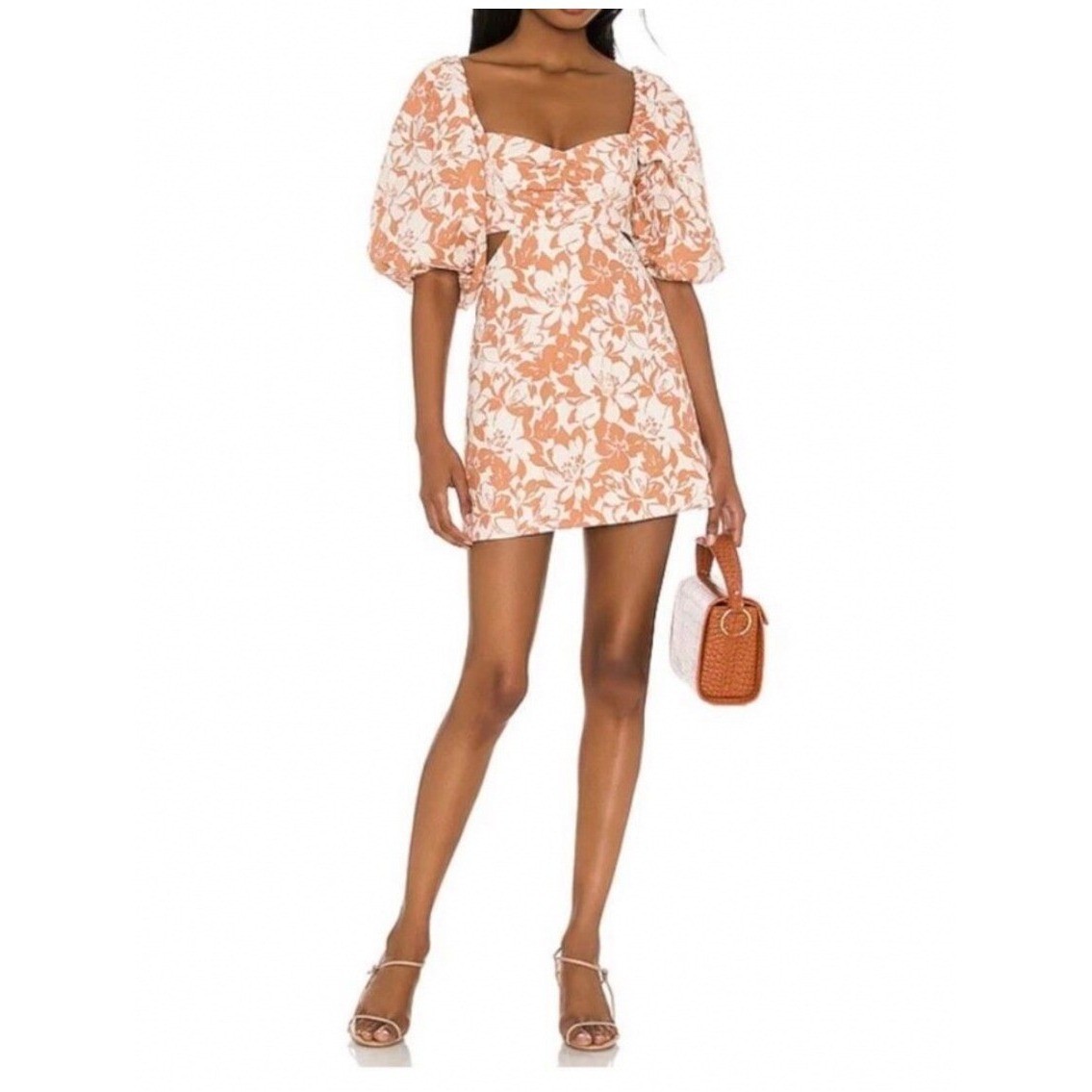 Lovers + Friends Kacey Mini Dress Linen M Brown Floral Cutout Puff Sleeve Boho