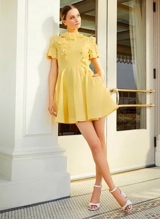 Antonio Melani SZ 10 Iris Linen Floral Appliqué Mockneck Dress Sunshine Yellow