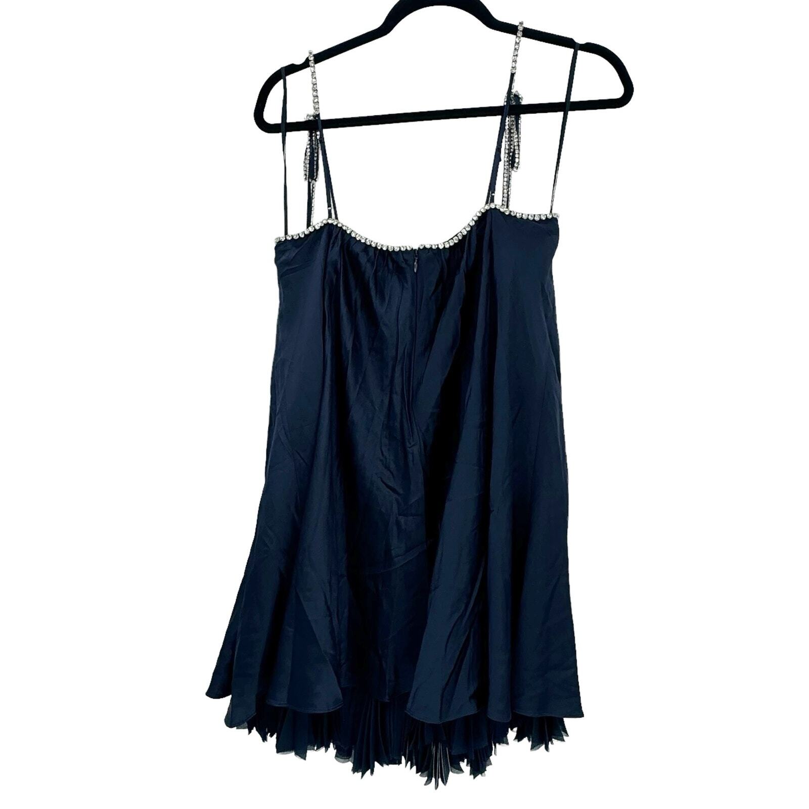 CINQ A SEPT Rhinestones Pleated Hook And Eye Silk Muni Dress Navy Size 8 NWOT