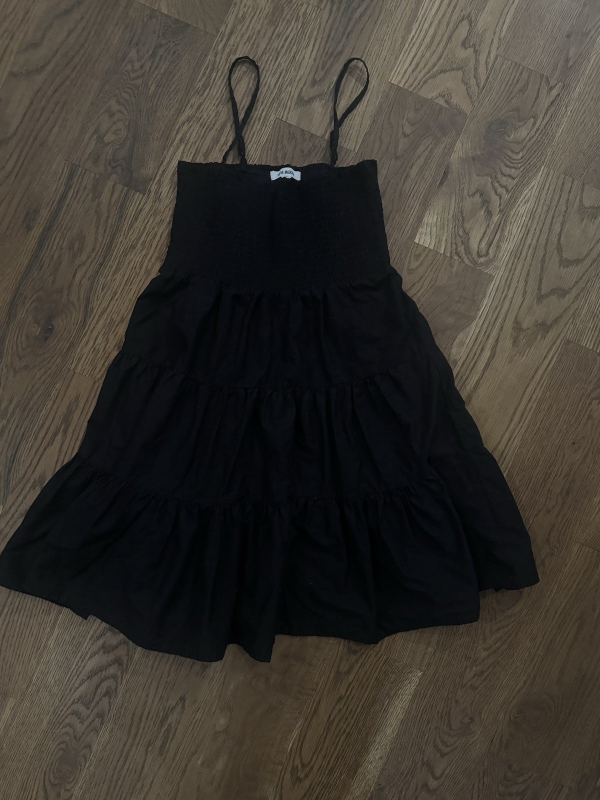 Steve Madden Black Solid Square Neck Smocked Tiered Midi Sundress M