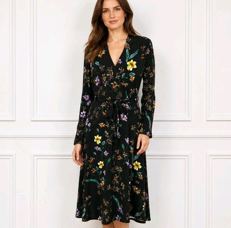 H&M Romantic Wildflower Wrap Dress Black Floral Long Sleeve Belted Midi UK S