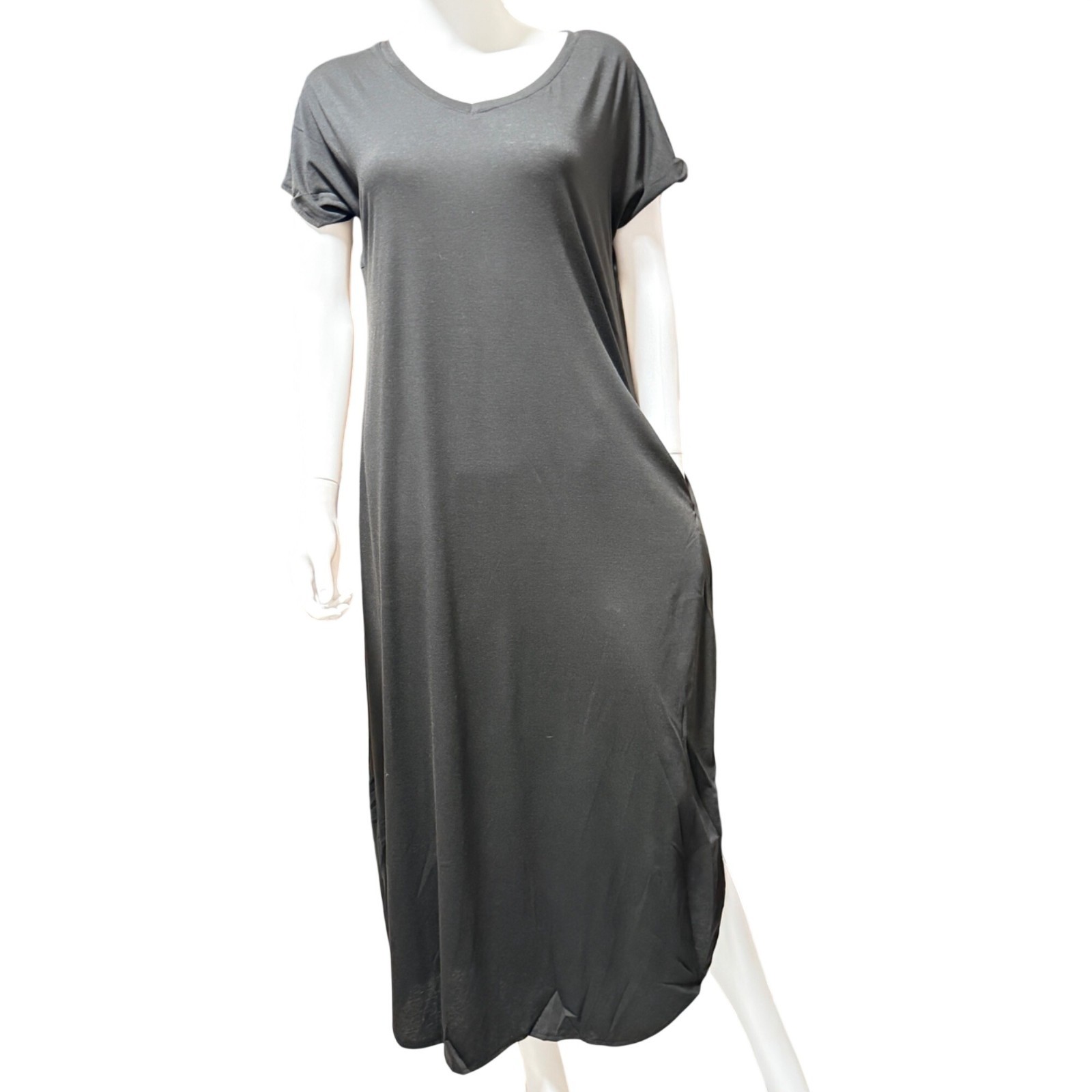 Womens Casual Maxi Dress XL Black Cotton Blend Short Sleeve Pockets Side Slits