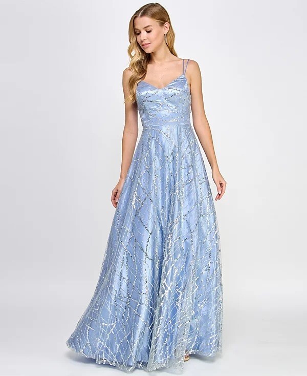 Say Yes Juniors’ Sequin-Embellished Ball Gown Silver/Blue Size 5/6 $189