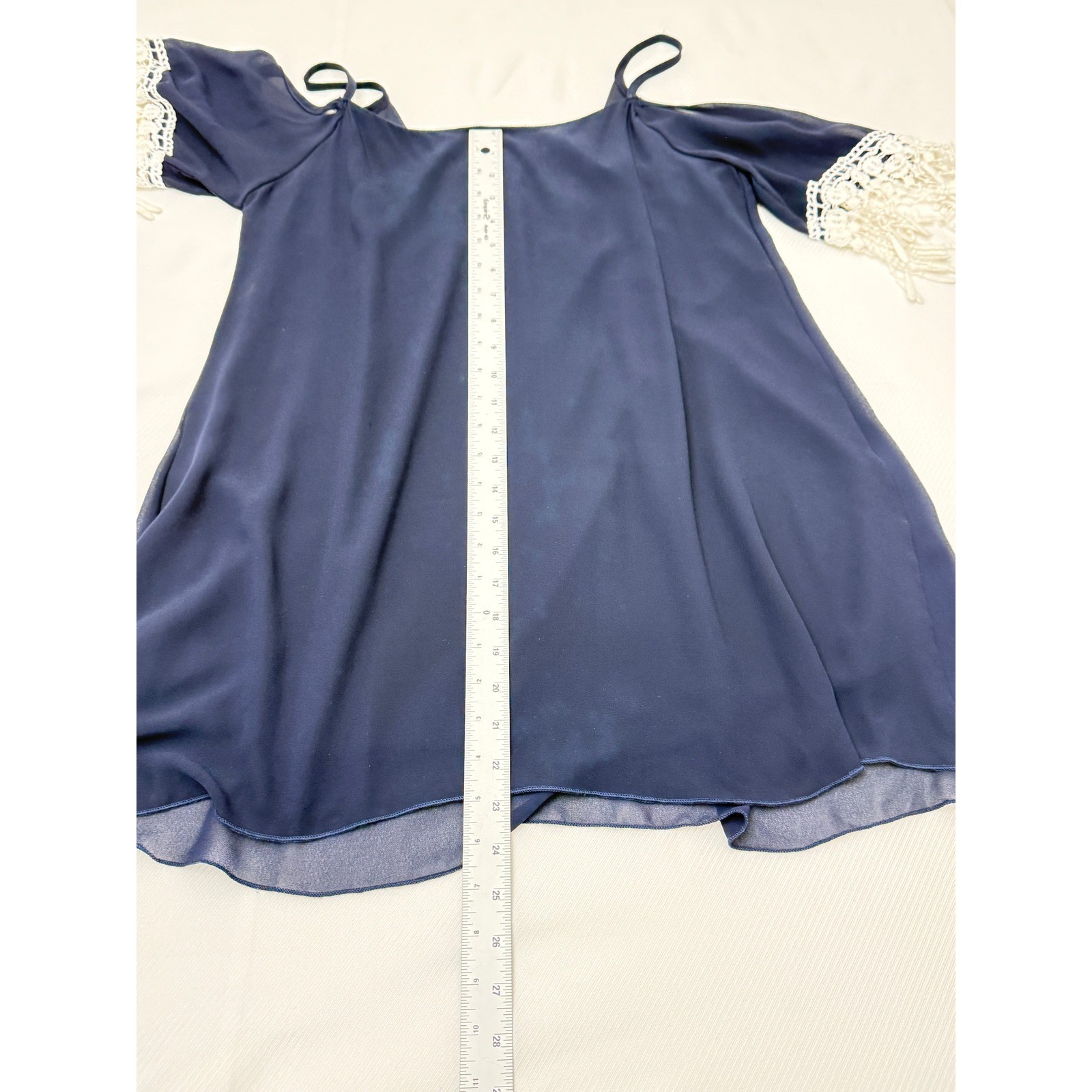 A’GACI Navy Blue Cold Shoulder Mini Dress White Crochet Lace Fringe Small