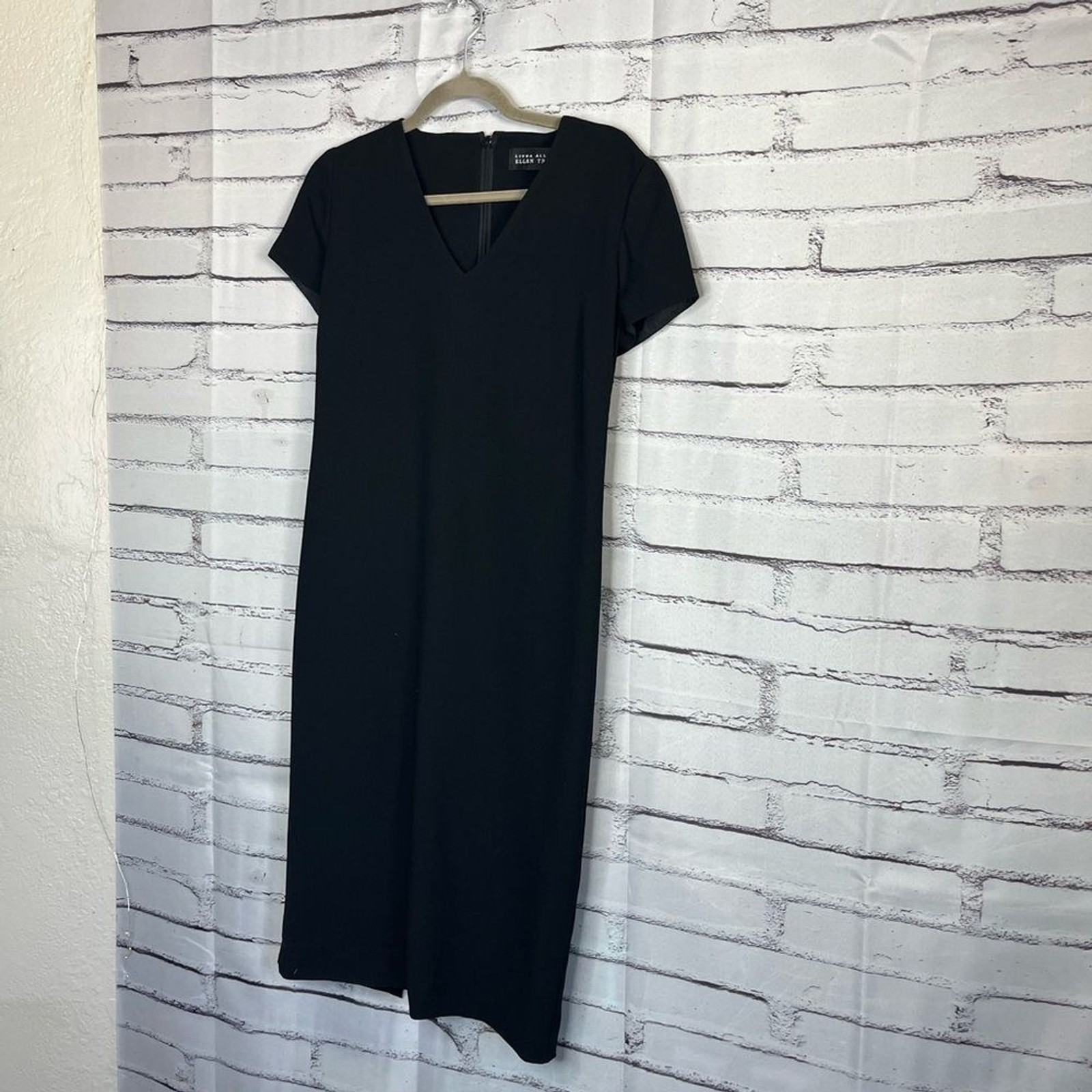 Linda Allard Ellen Tracy Black V-Neck Midi Dress Zip Back Elegant Flowy M Casual