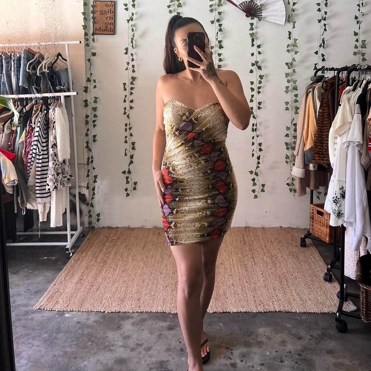 Vintage y2k Va Va Voom snakeprint ruched strapless bodycon dress