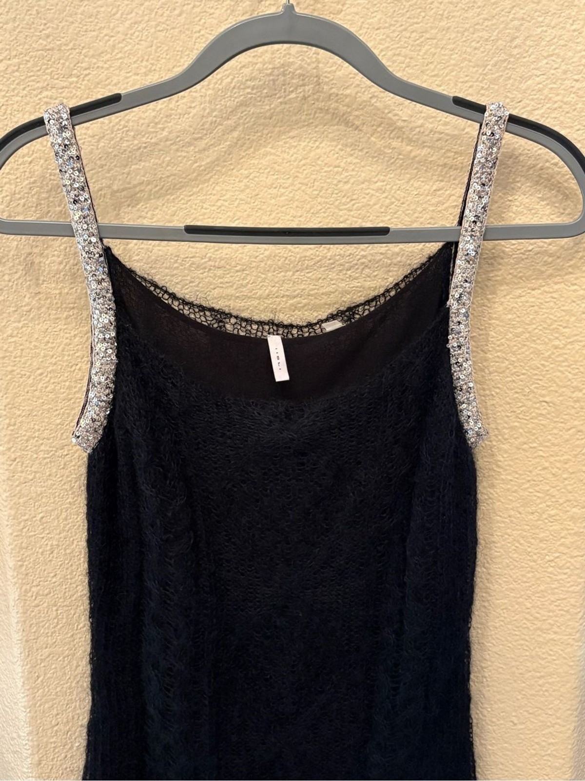 Vintage IISLI Black Mohair Wool Blend Sequin Straps Mini Y2K Dress Size Small