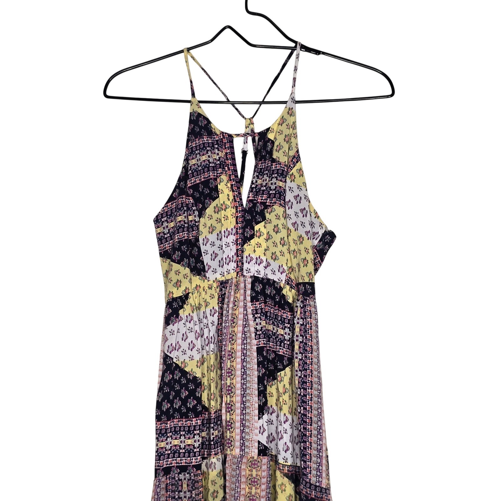 BCBGeneration Womens Patchwork Maxi Dress 0 Multicolor Boho Halter Summer Flowy