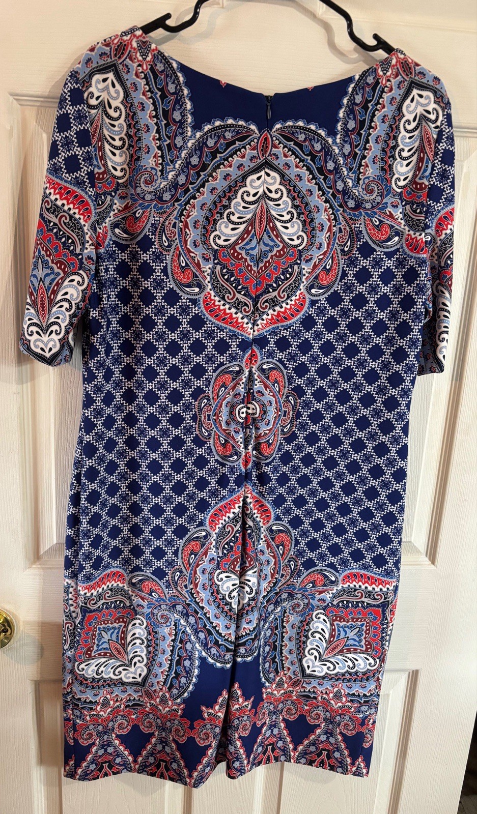 Antonio Melani Blue/Red/White Paisley Shift Dress 3/4 Sleeve Lined Zip 14