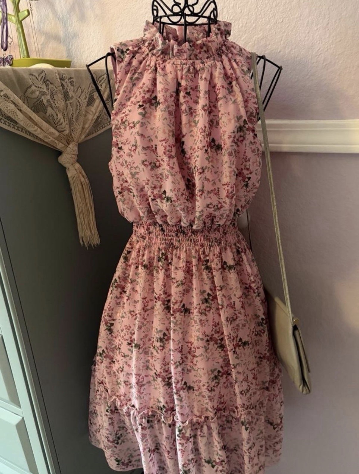 Women’s Pink floral midi dress with ruffle neckline and smocked waist Size S