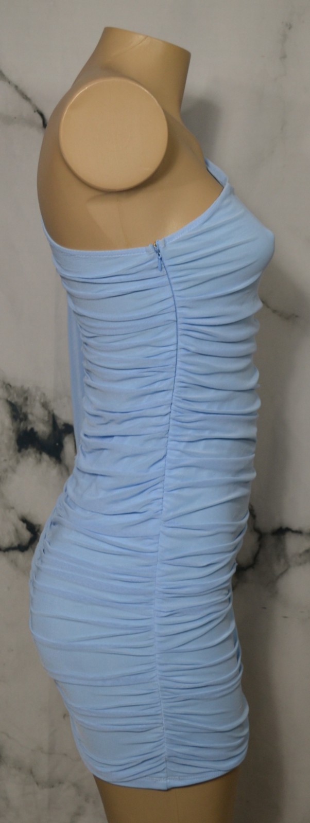 SHEIN Light Blue One Shoulder Long Sheer Sleeve Ruched Dress Small Lined