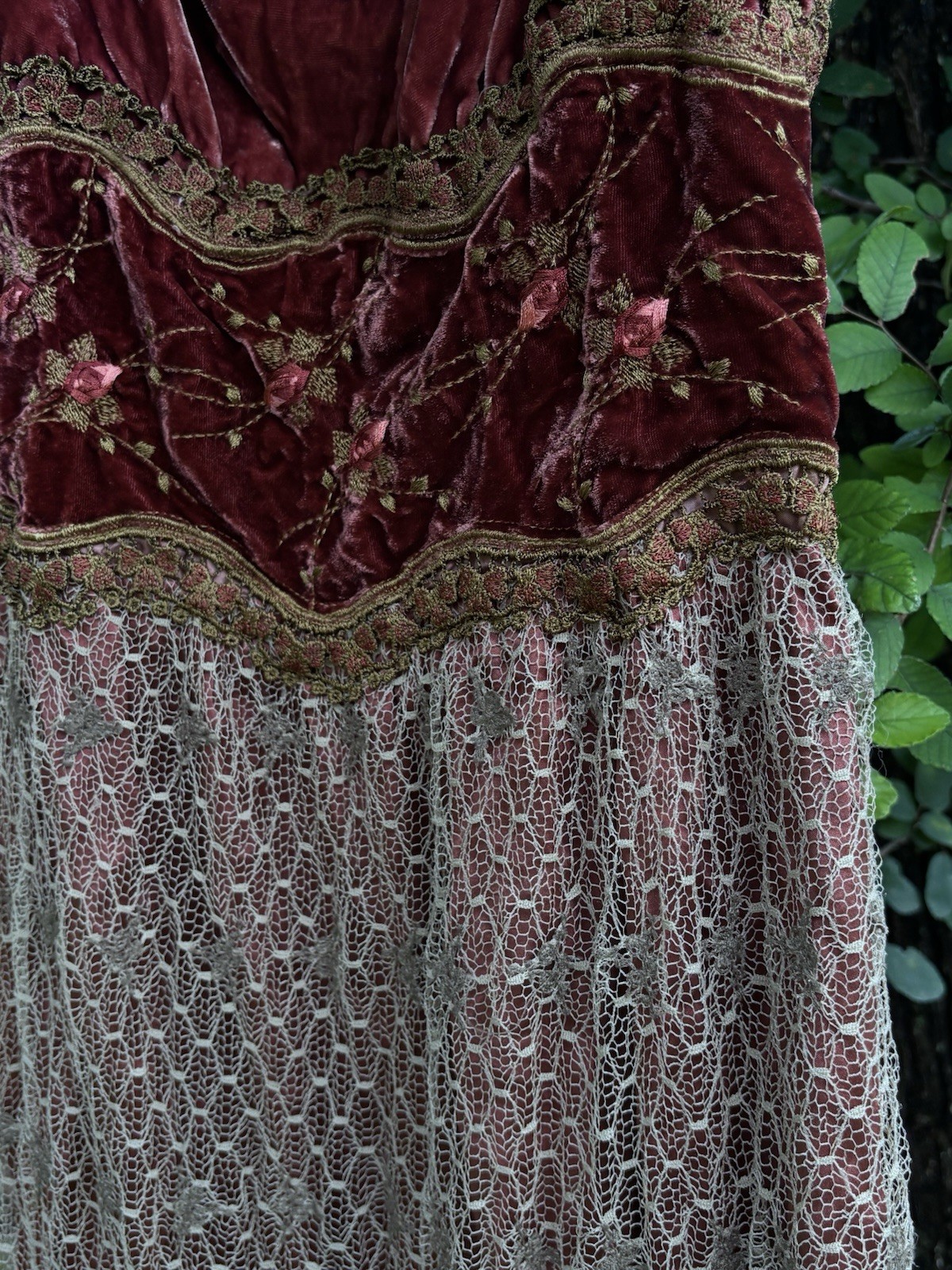 RARE Vintage Hale Bob 100% Silk Mesh Babydoll Velvet Burnout Maroon Dress Sz XS