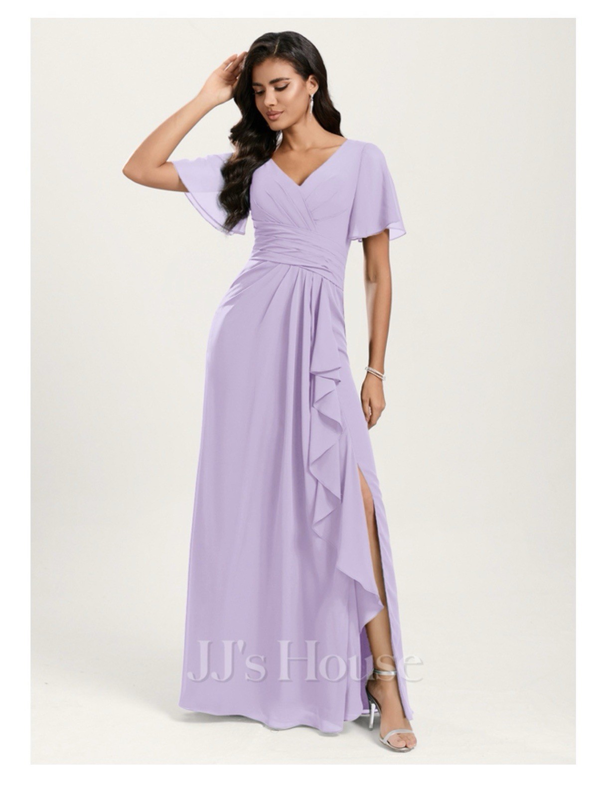 JJ’s House Lilac Chiffon V-Neck Flutter Sleeve Ruffle A-Line Maxi Dress