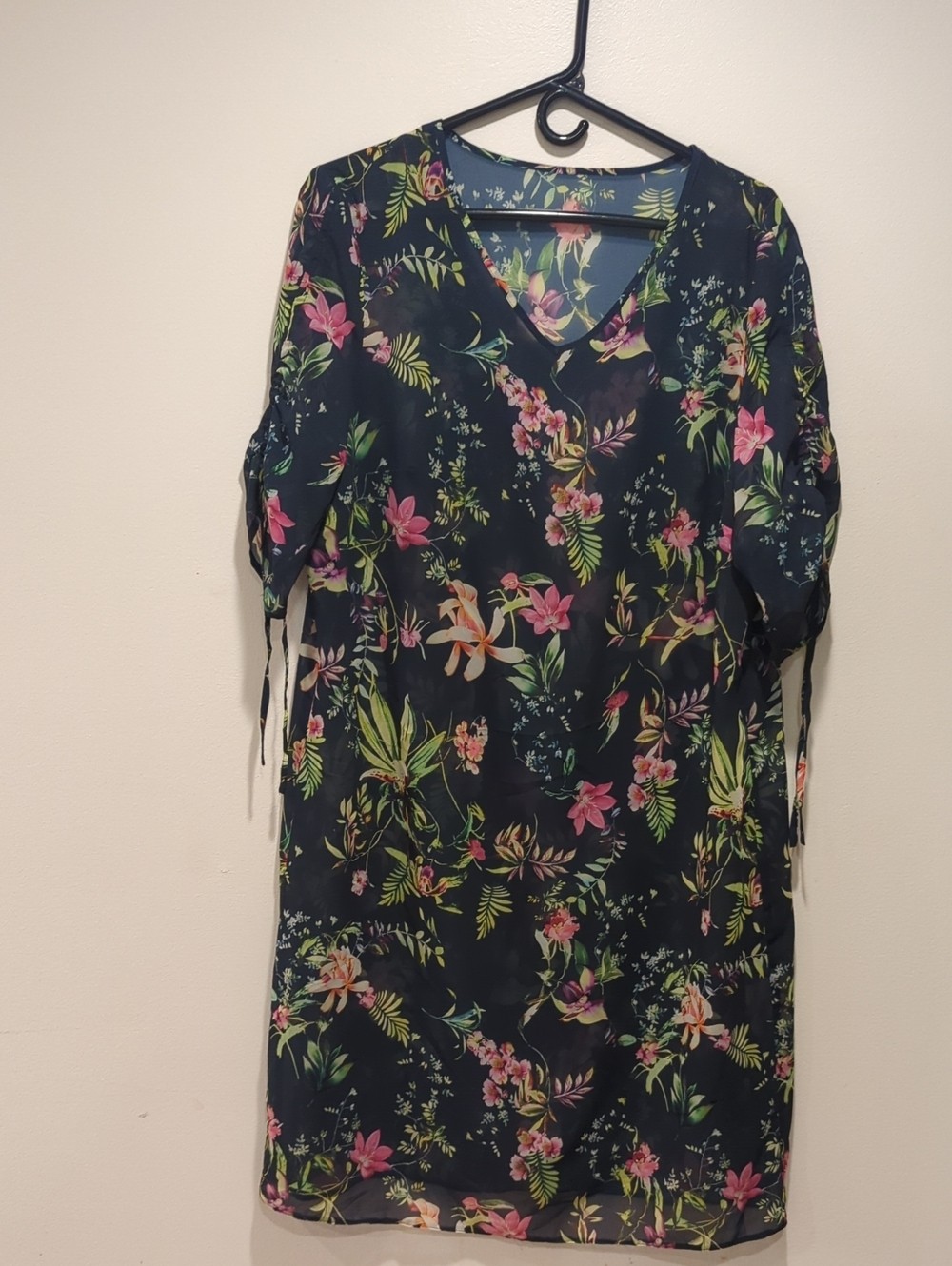 Floral V-Neck Shift Dress – Navy with Pink & Green Floral