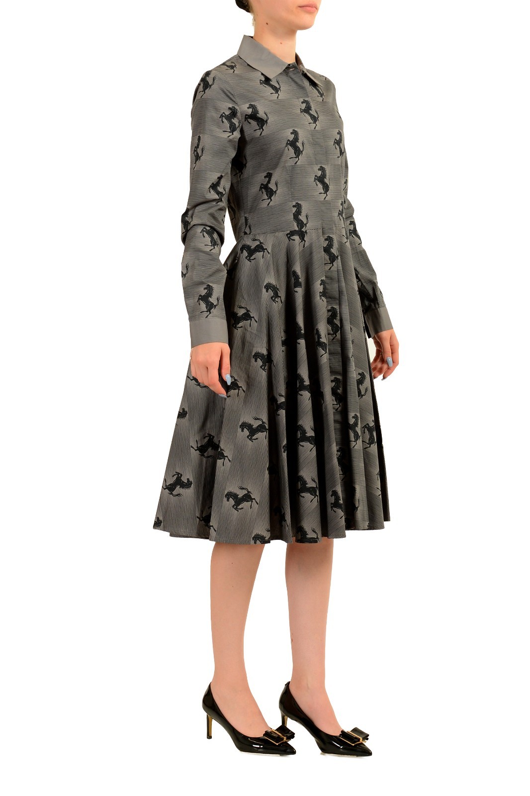 Scuderia Ferrari Women’s Gray Logo Print LS Fit & Flare Dress US XS IT 38