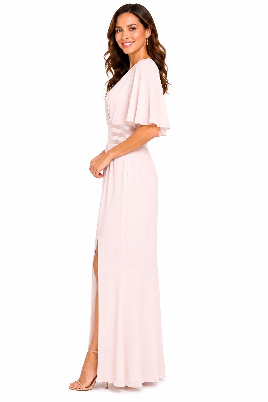 ASOS DESIGN Pink Solid Chiffon Maxi Dress V-Neck Flutter Sleeve Lined US 12