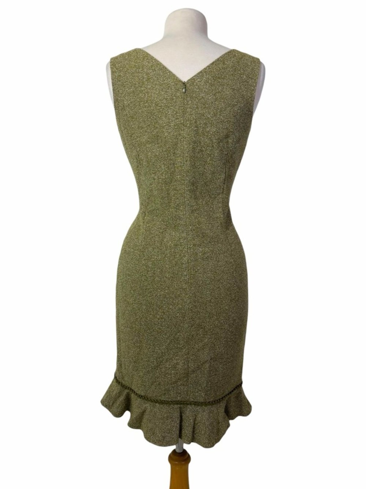 David Meister Olive Green Wool Boucle Ruffle Hem Sleeveless Sheath Dress 6