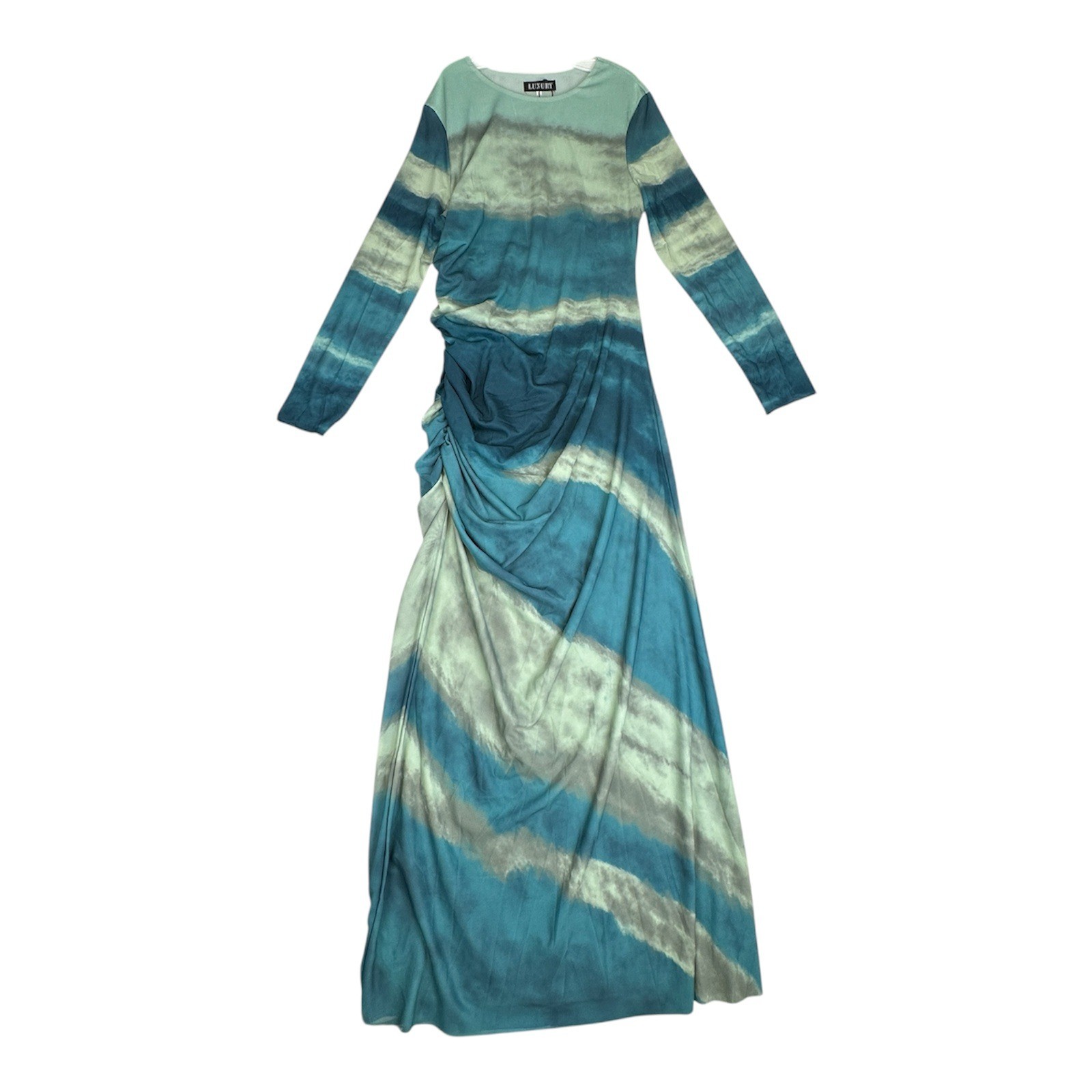 Luxury Tie Dye Maxi Dress Blue Green Ruched Long Sleeve Women’s size XL