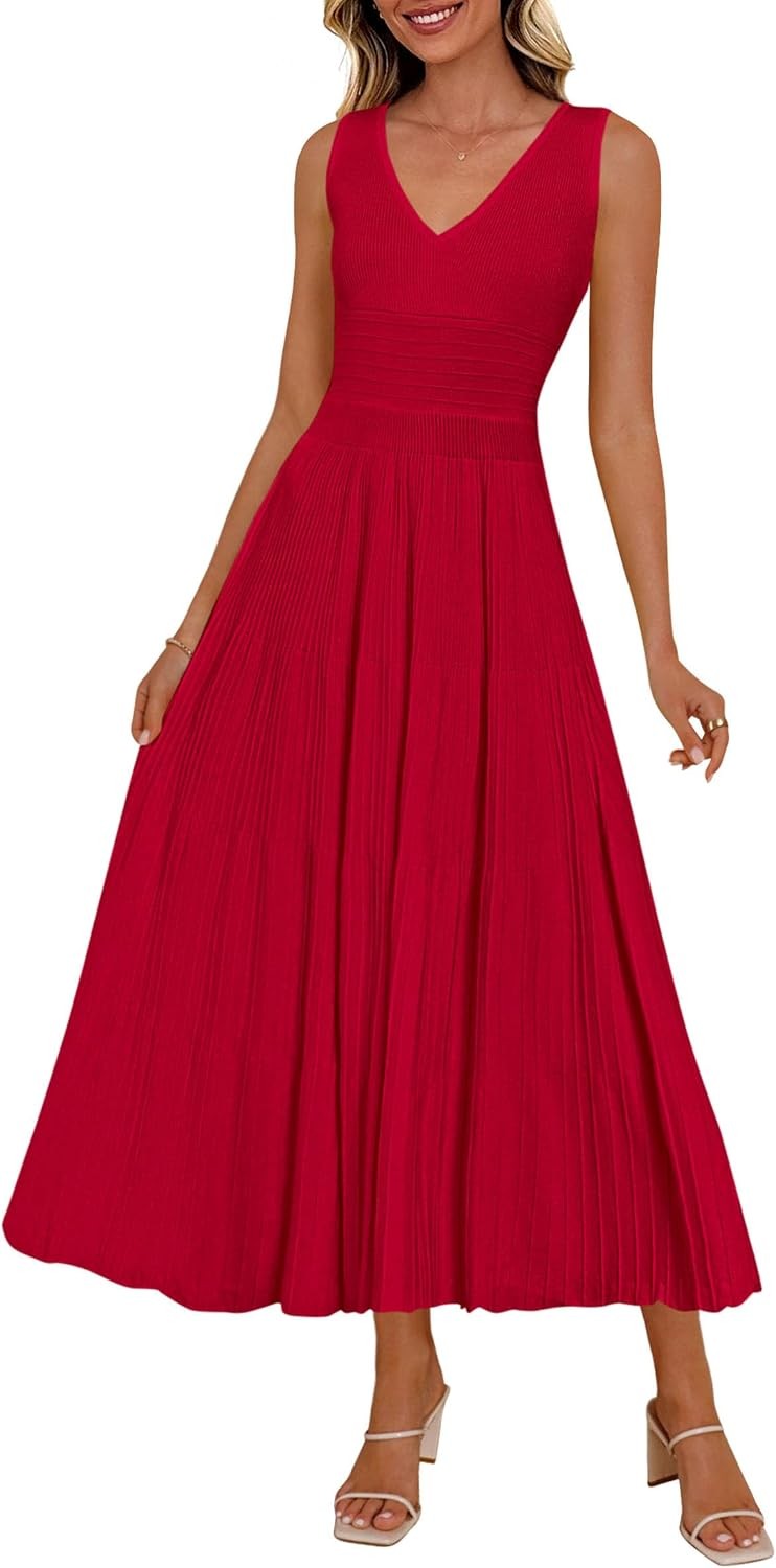 Summer Dresses for Women 2026 Spring Casual Sleeveless V Neck Pleated Midi Work