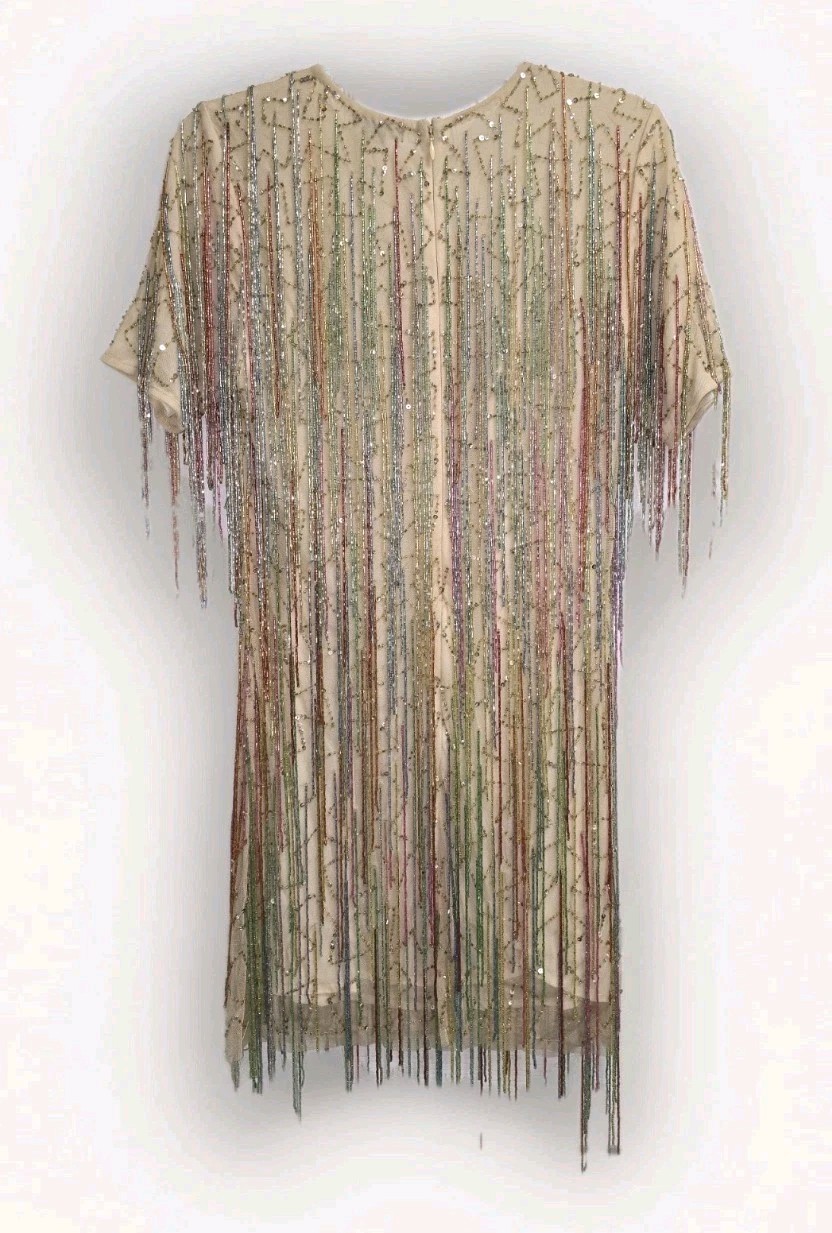 NWT Nasty Gal Tassel Beaded Mini Shift Dress Rainbow Fringe Sequin Party US 8