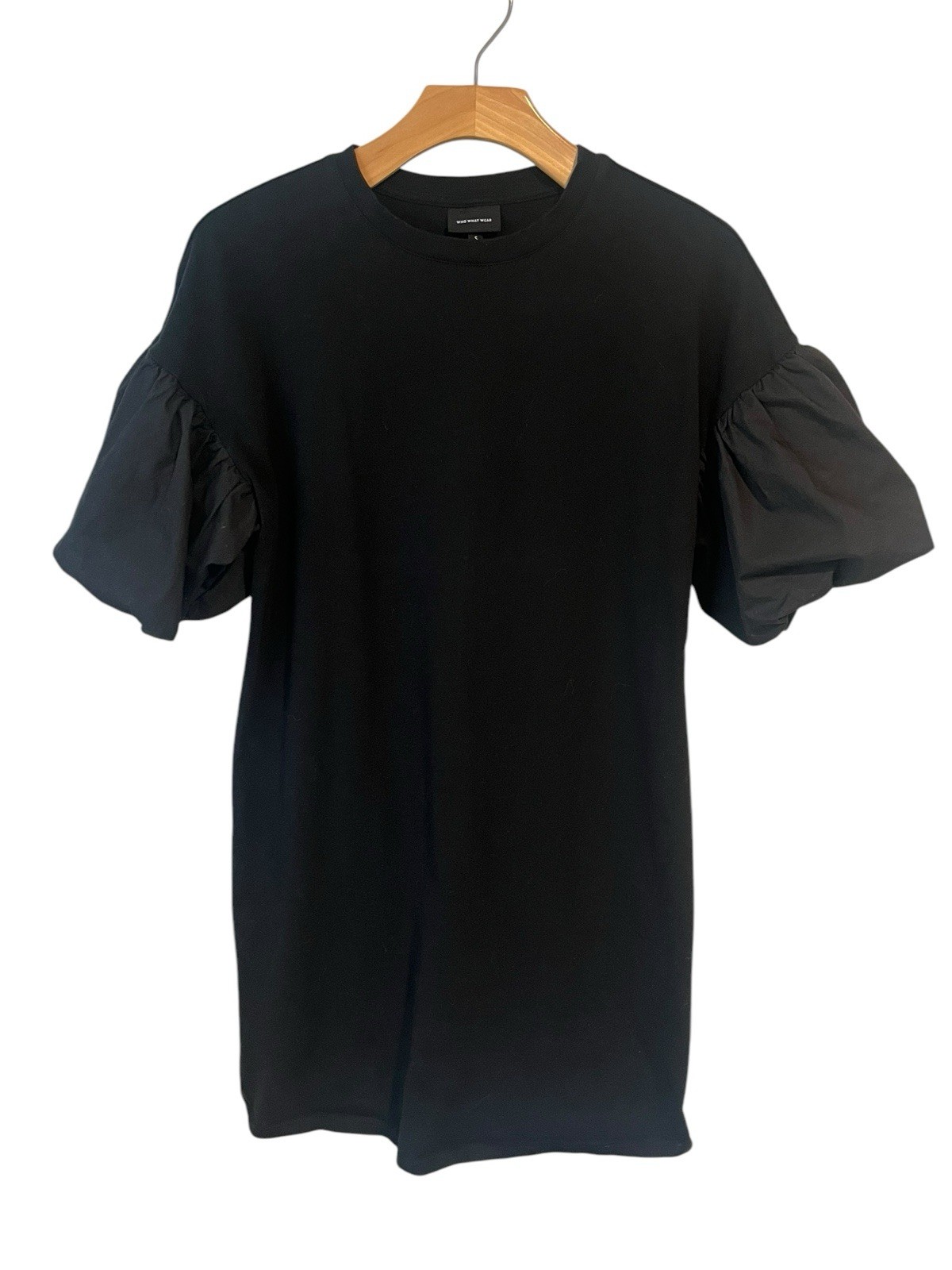 Who What Wear Shirt Dress Womens Size Small Black Puff Sleeve Crew Neck Midi