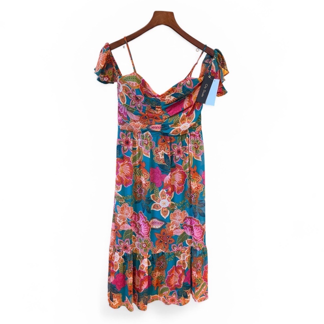 City Studio Floral Cold Shoulder Fairy Dress Teal Blue Pink Ruffle Tiered NWT M