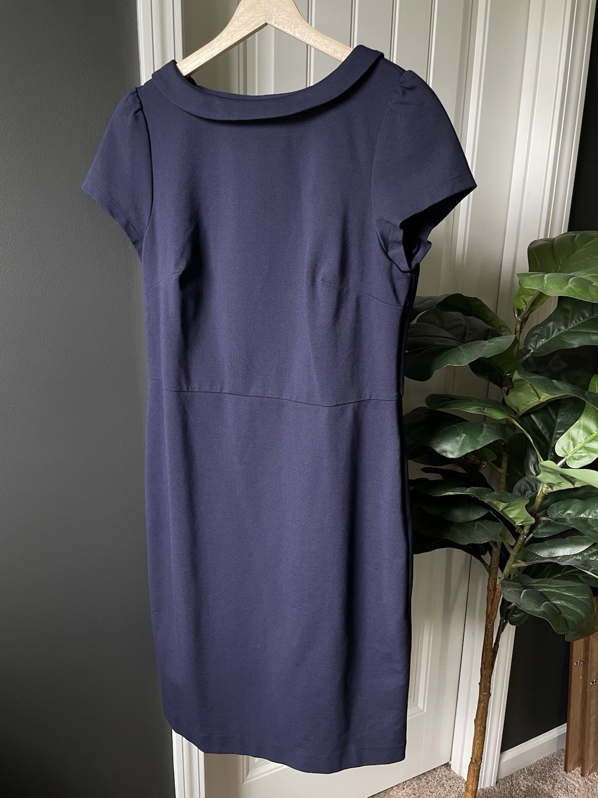 Boden Audrey Sheath Dress Navy Blue Portrait Collar Cap Sleeve Lined UK 14 US 10